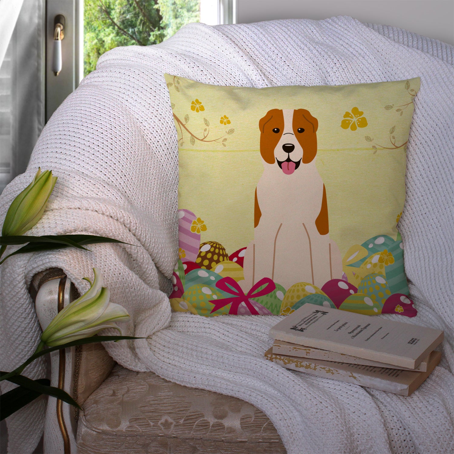 Easter Eggs Central Asian Shepherd Dog Fabric Decorative Pillow BB6049PW1414 - the-store.com