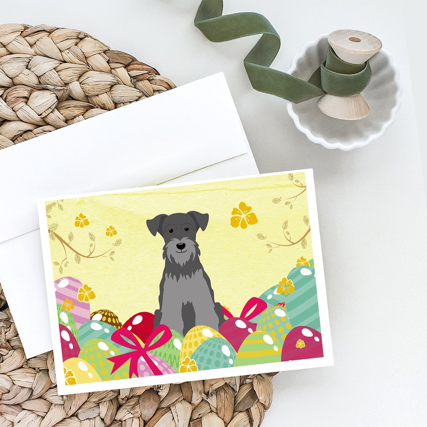 Easter Eggs Miniature Schnauzer Black Silver Greeting Cards and Envelopes Pack of 8 - the-store.com