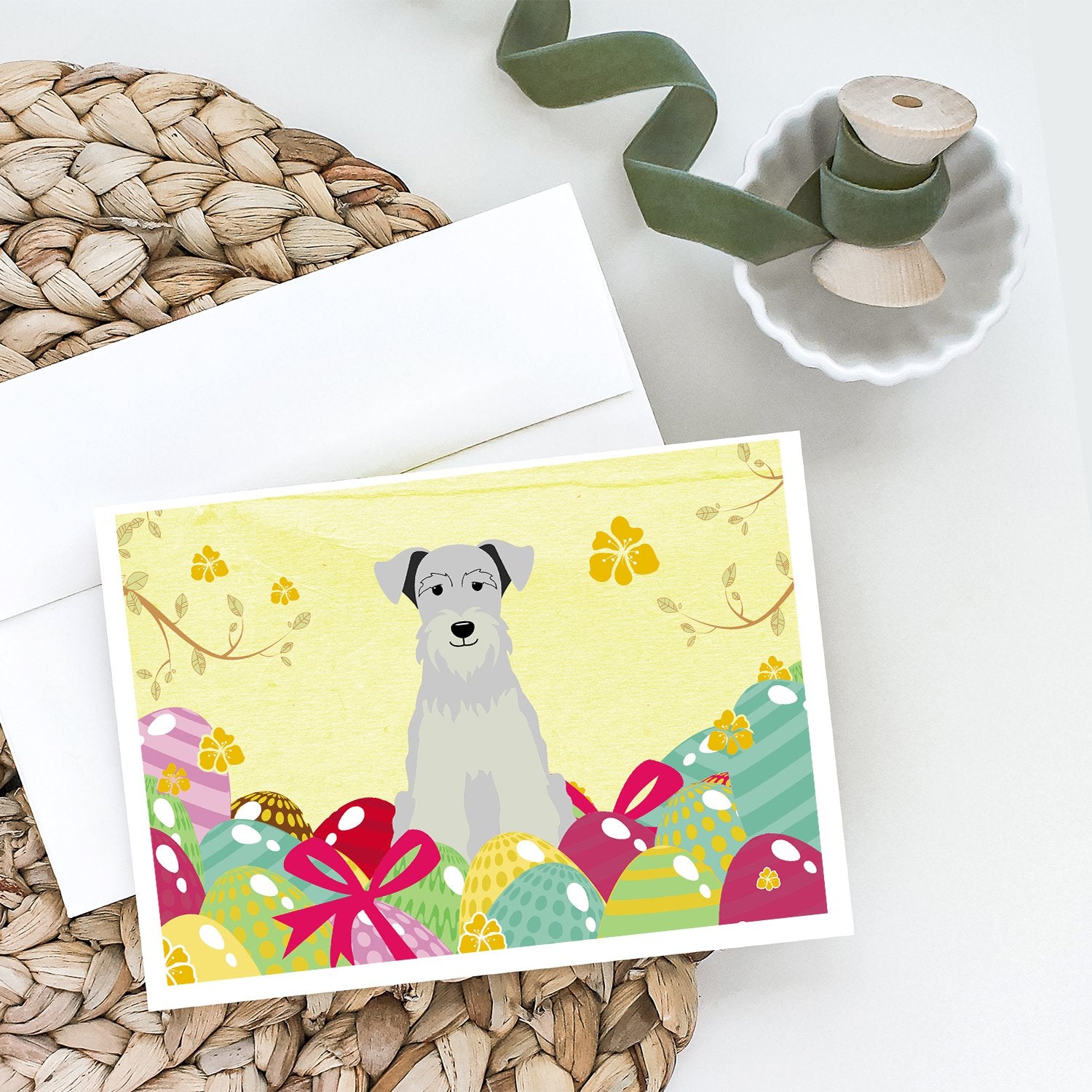 Easter Eggs Miniature Schnauzer White Greeting Cards and Envelopes Pack of 8 - the-store.com