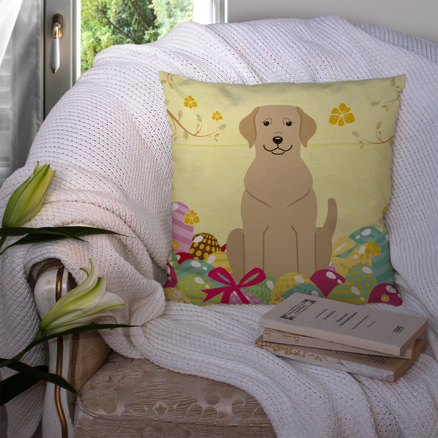 Easter Eggs Yellow Labrador Fabric Decorative Pillow BB6055PW1414 - the-store.com