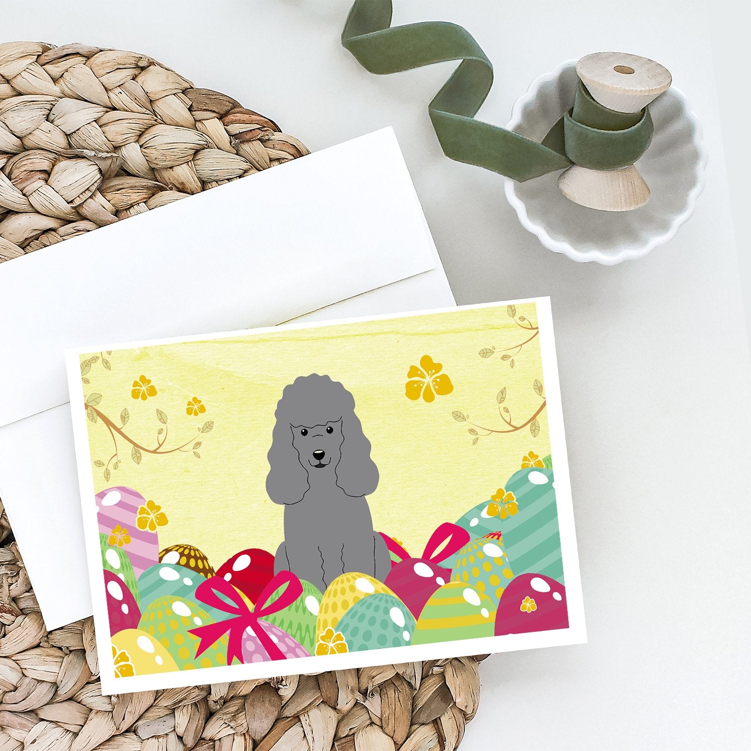 Easter Eggs Poodle Silver Greeting Cards and Envelopes Pack of 8 - the-store.com