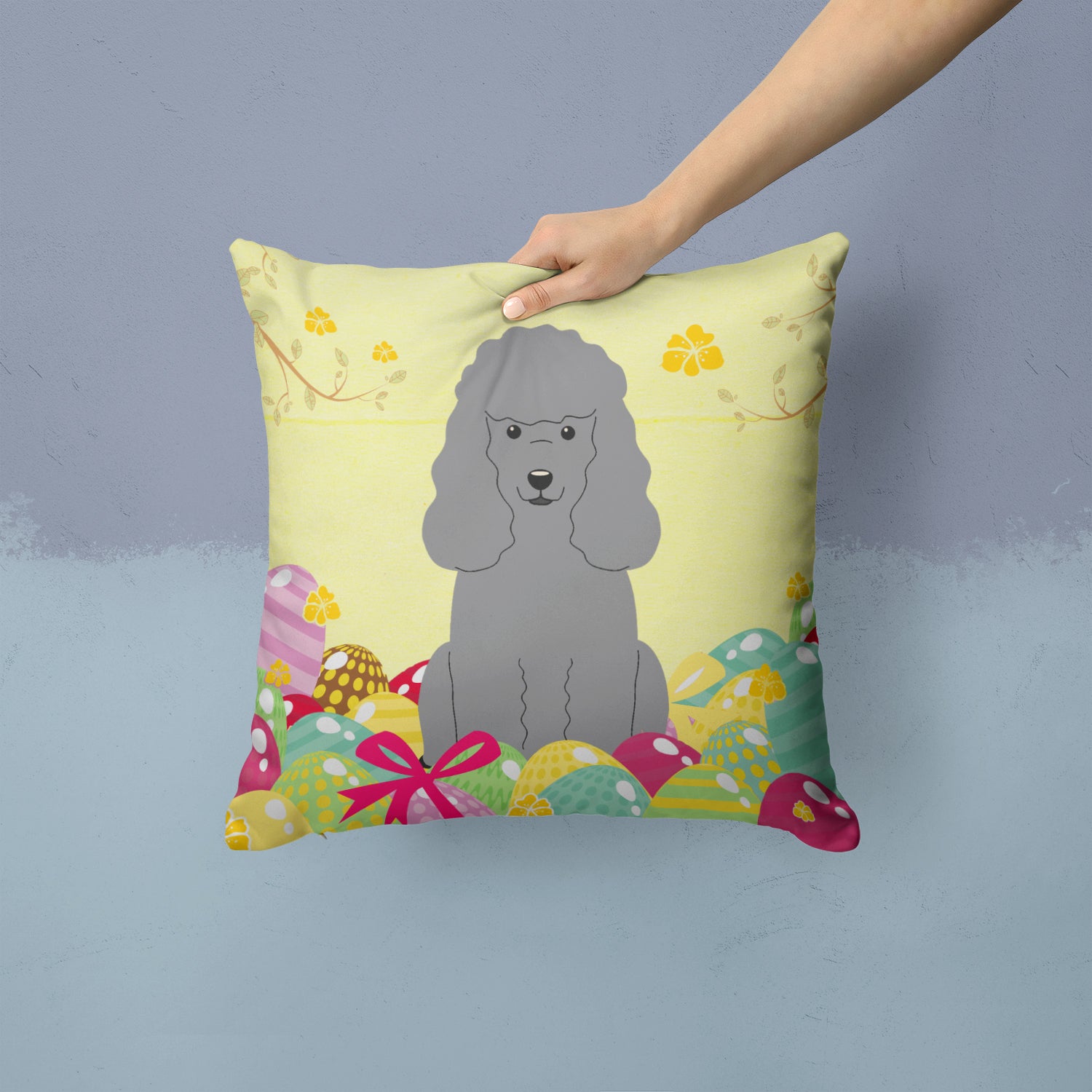 Easter Eggs Poodle Silver Fabric Decorative Pillow BB6068PW1414 - the-store.com