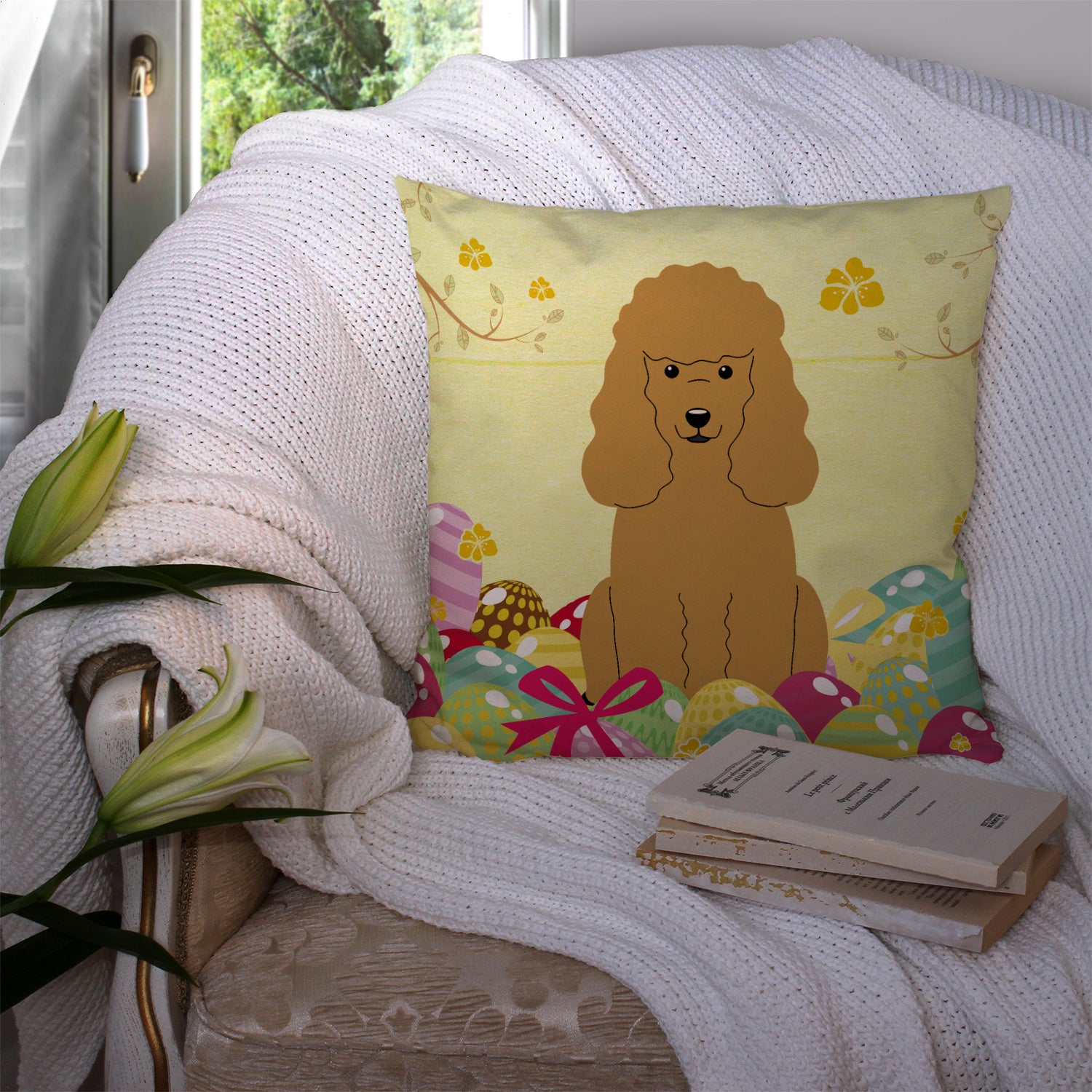 Easter Eggs Poodle Tan Fabric Decorative Pillow BB6069PW1414 - the-store.com
