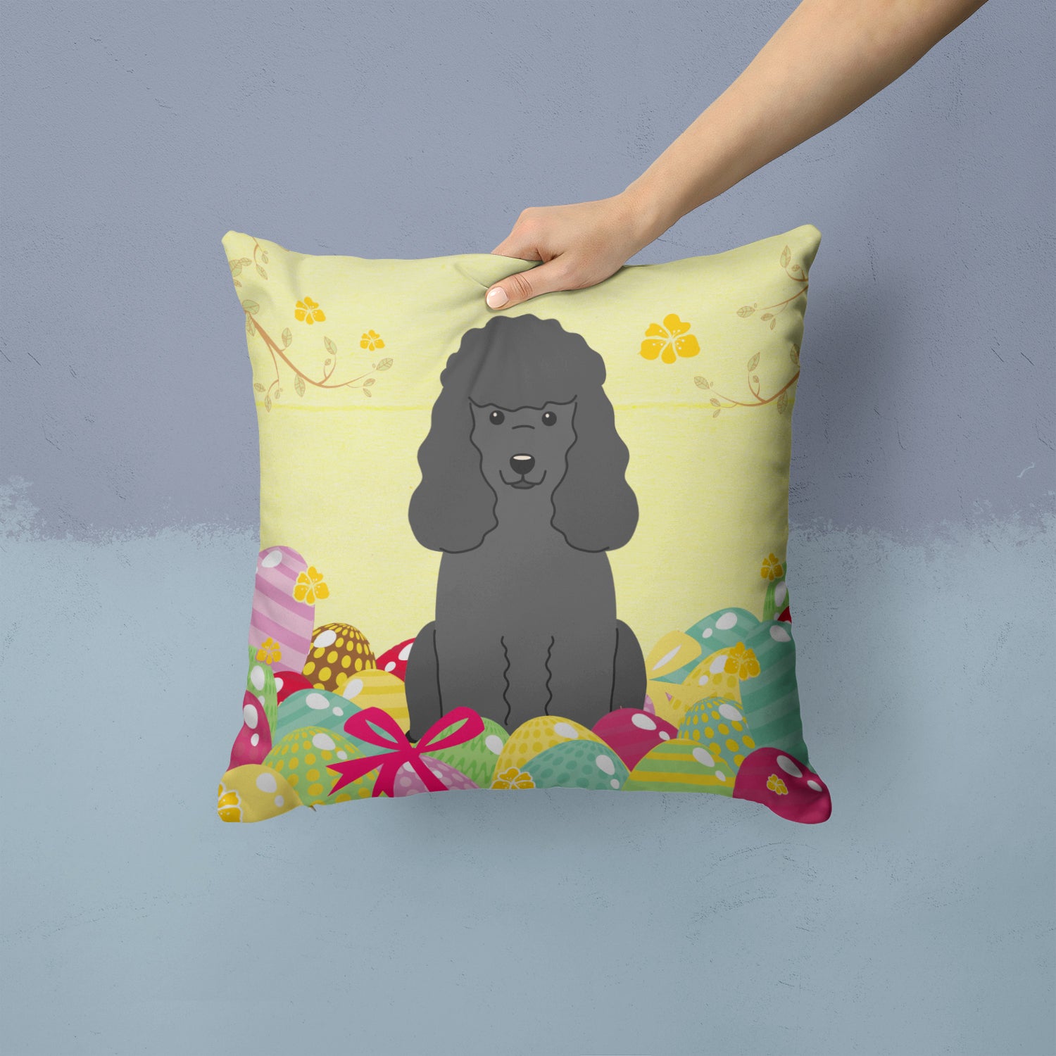 Easter Eggs Poodle Black Fabric Decorative Pillow BB6071PW1414 - the-store.com