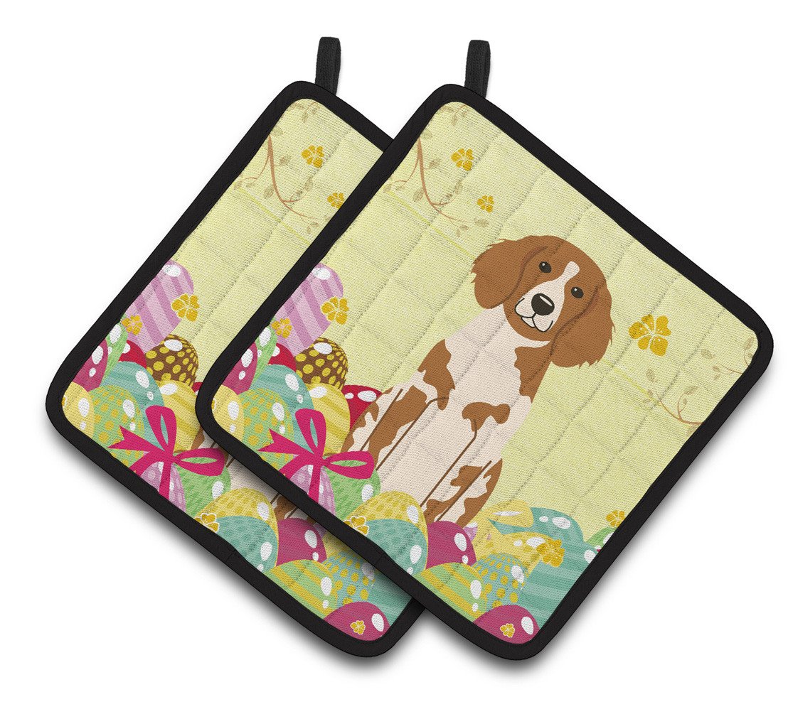 Easter Eggs Brittany Spaniel Pair of Pot Holders BB6072PTHD by Caroline&#39;s Treasures