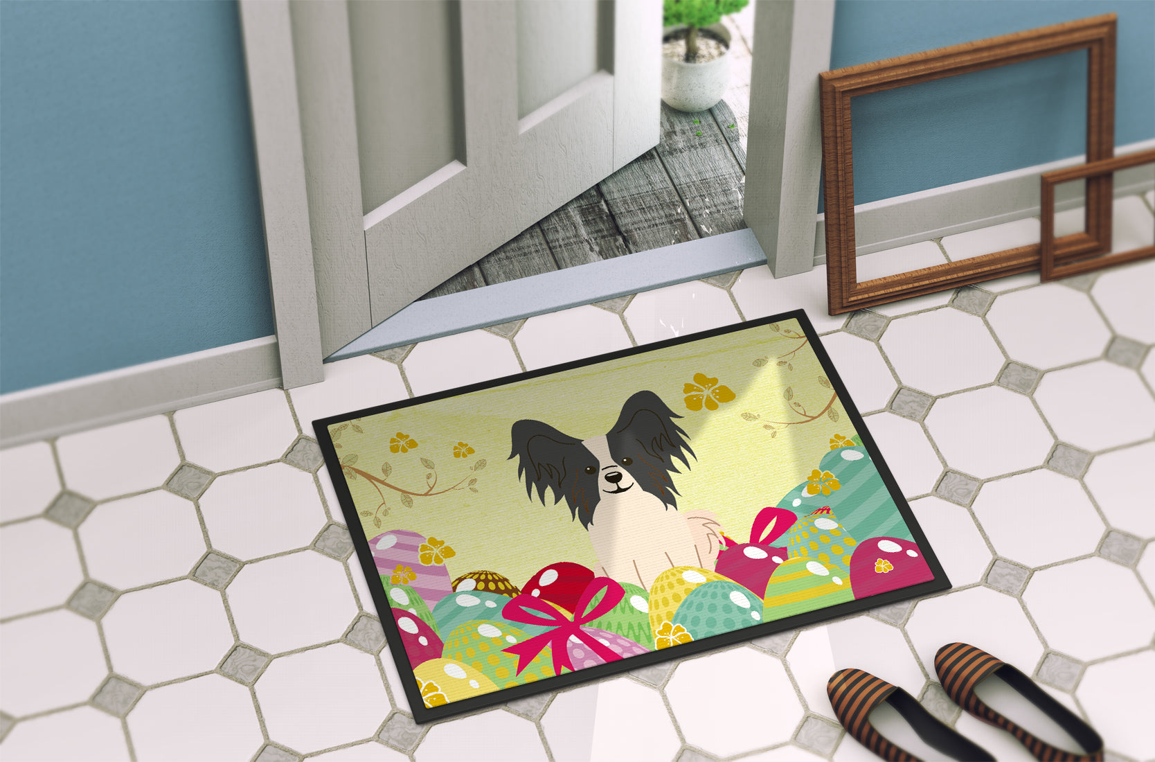 Easter Eggs Papillon Black White Indoor or Outdoor Mat 18x27 BB6076MAT - the-store.com