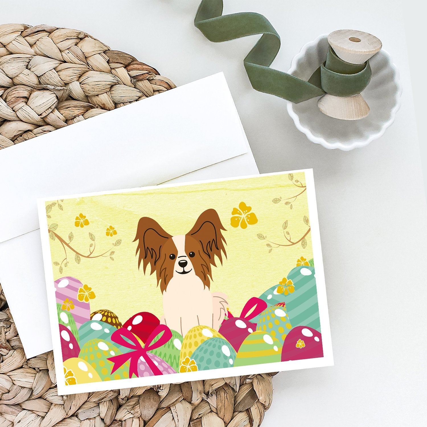 Easter Eggs Papillon Red White Greeting Cards and Envelopes Pack of 8 - the-store.com