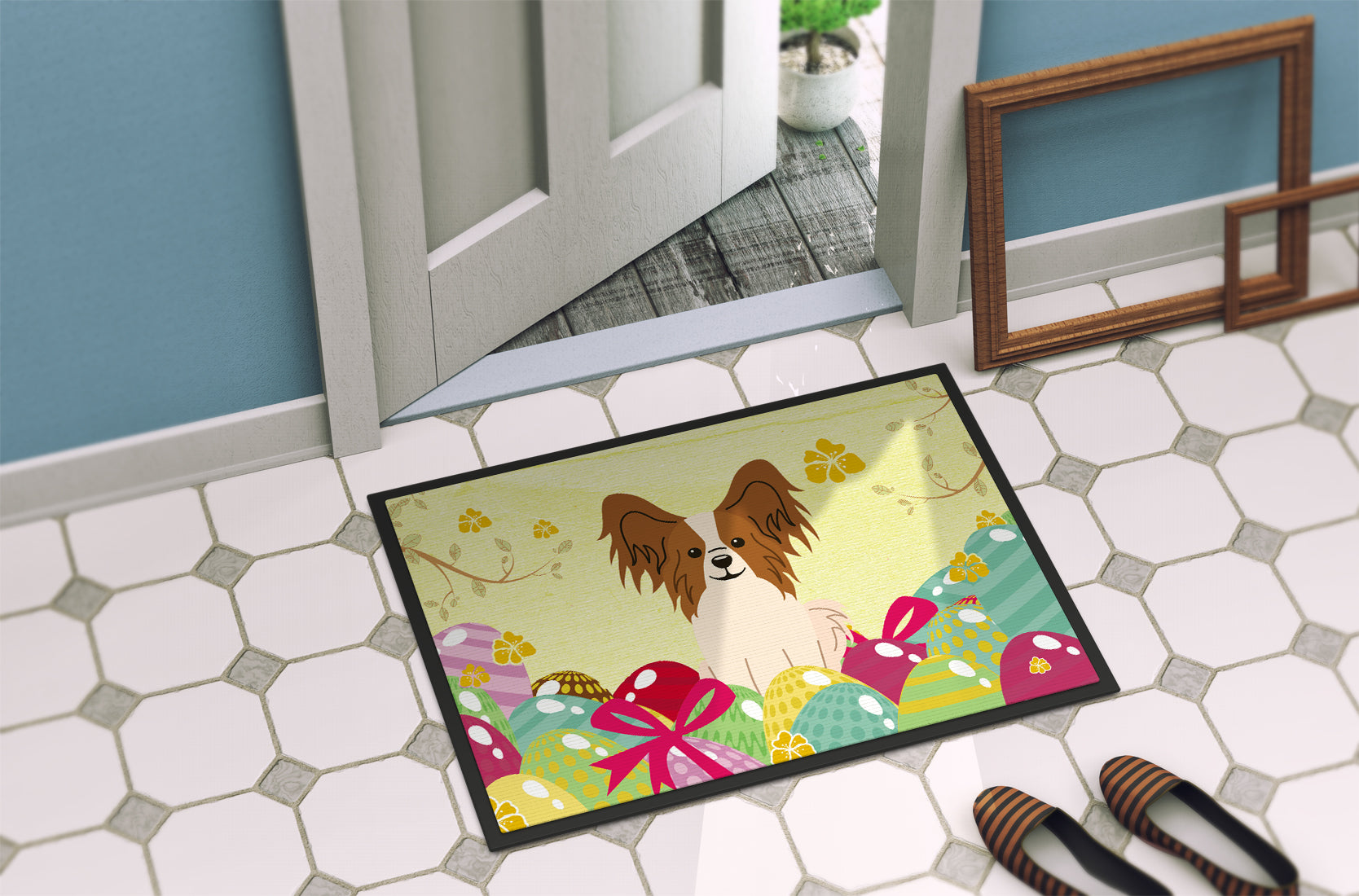 Easter Eggs Papillon Red White Indoor or Outdoor Mat 18x27 BB6078MAT - the-store.com