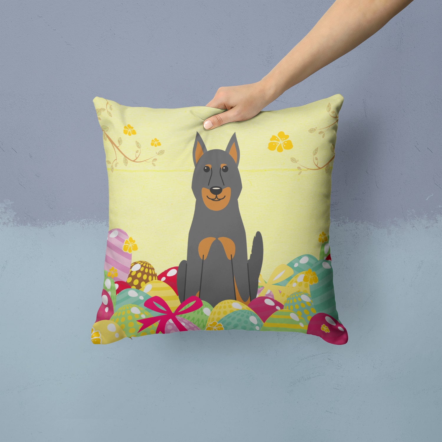 Easter Eggs Beauce Shepherd Dog Fabric Decorative Pillow BB6080PW1414 - the-store.com