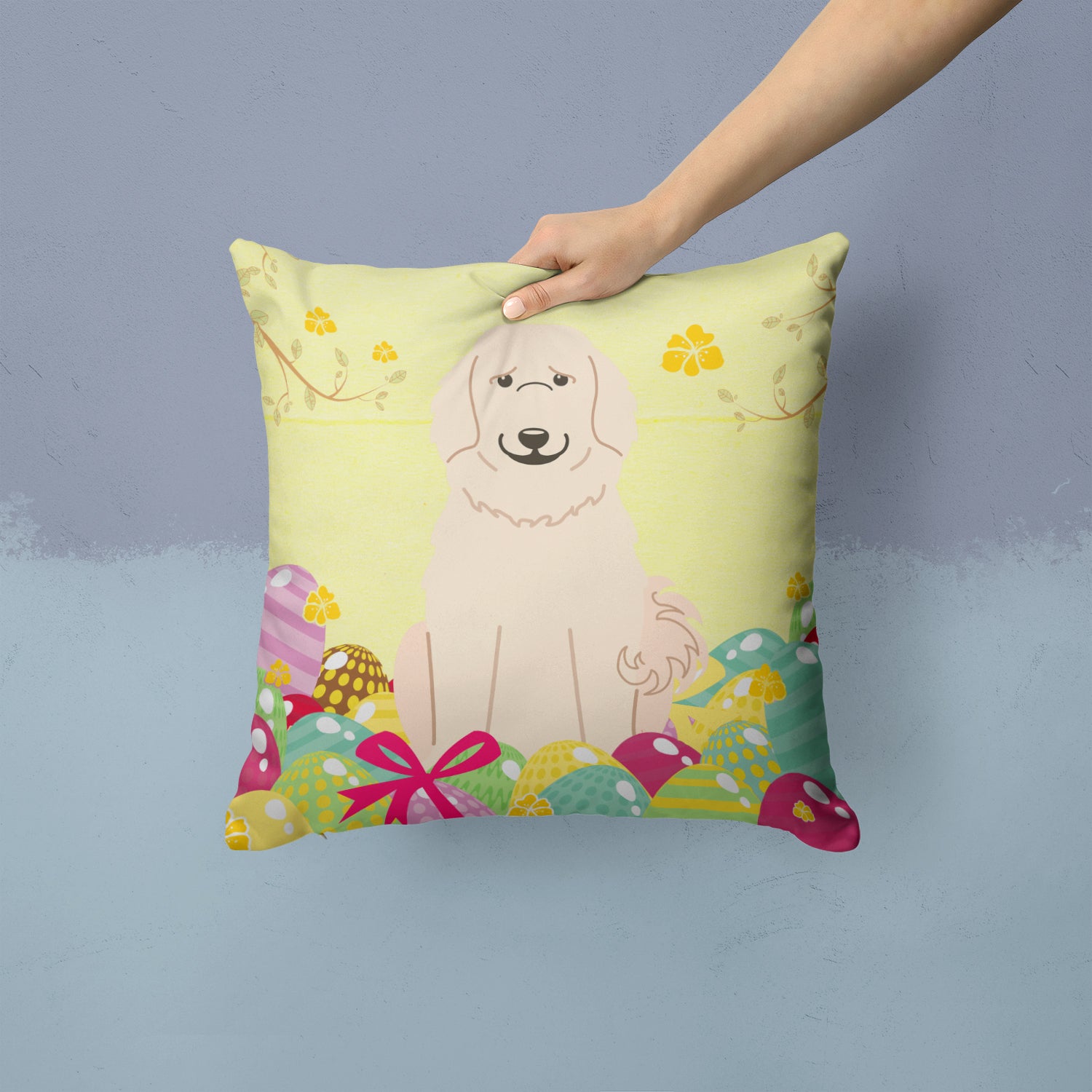 Easter Eggs Great Pyrenese Fabric Decorative Pillow BB6083PW1414 - the-store.com