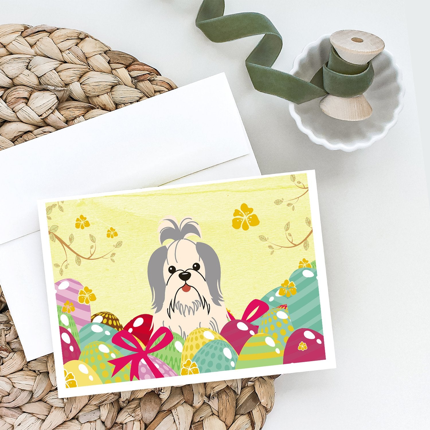 Easter Eggs Shih Tzu Silver White Greeting Cards and Envelopes Pack of 8 - the-store.com