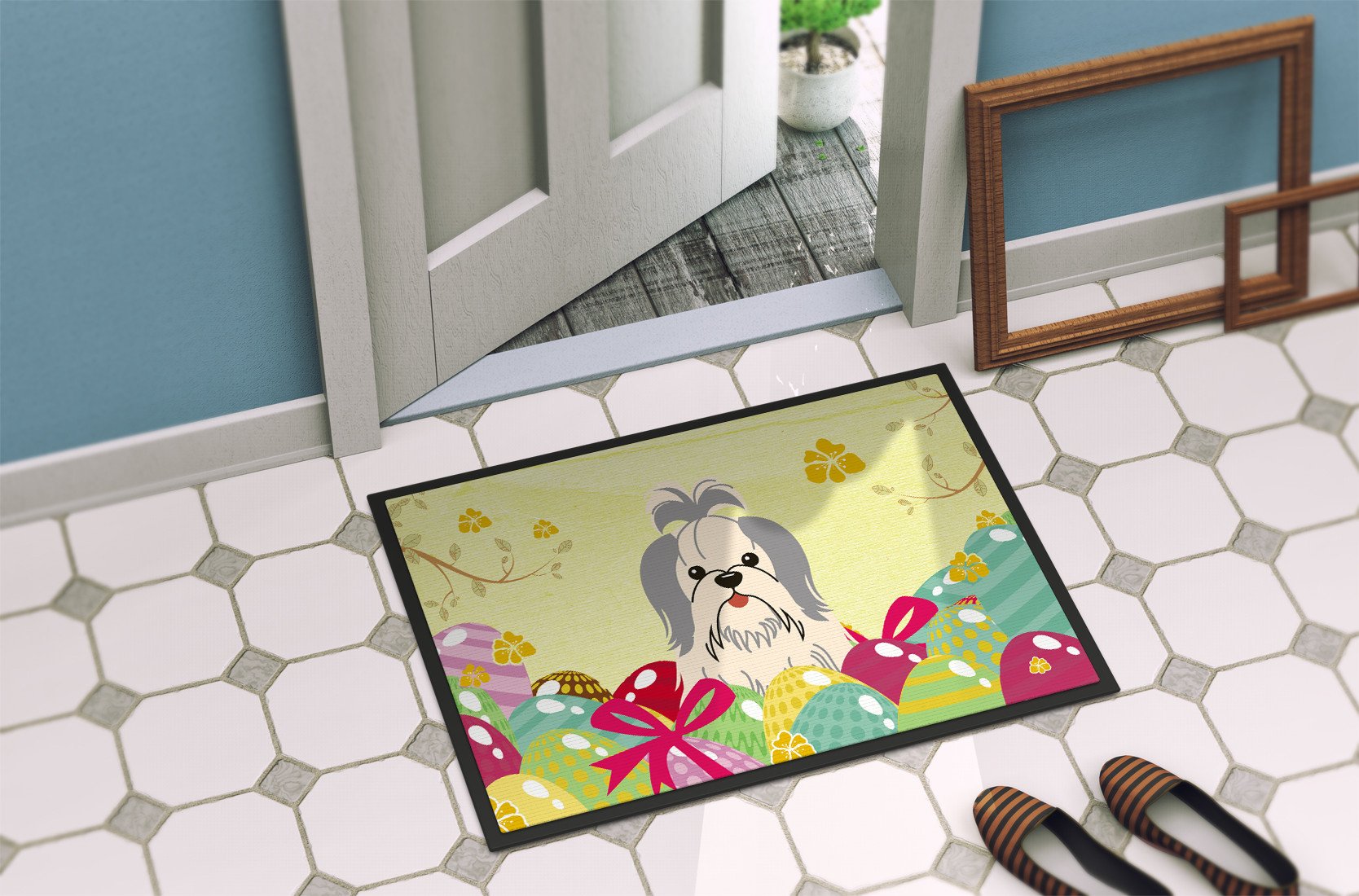 Easter Eggs Shih Tzu Silver White Indoor or Outdoor Mat 24x36 BB6085JMAT by Caroline's Treasures