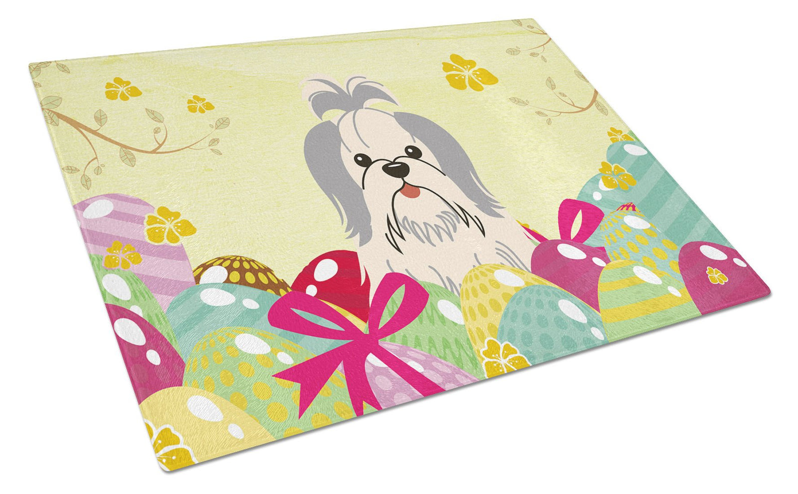 Easter Eggs Shih Tzu Silver White Glass Cutting Board Large BB6085LCB by Caroline's Treasures