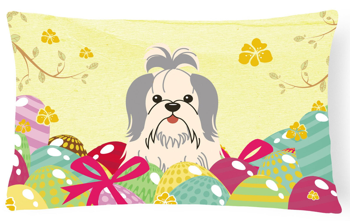 Easter Eggs Shih Tzu Silver White Canvas Fabric Decorative Pillow BB6085PW1216 by Caroline&#39;s Treasures