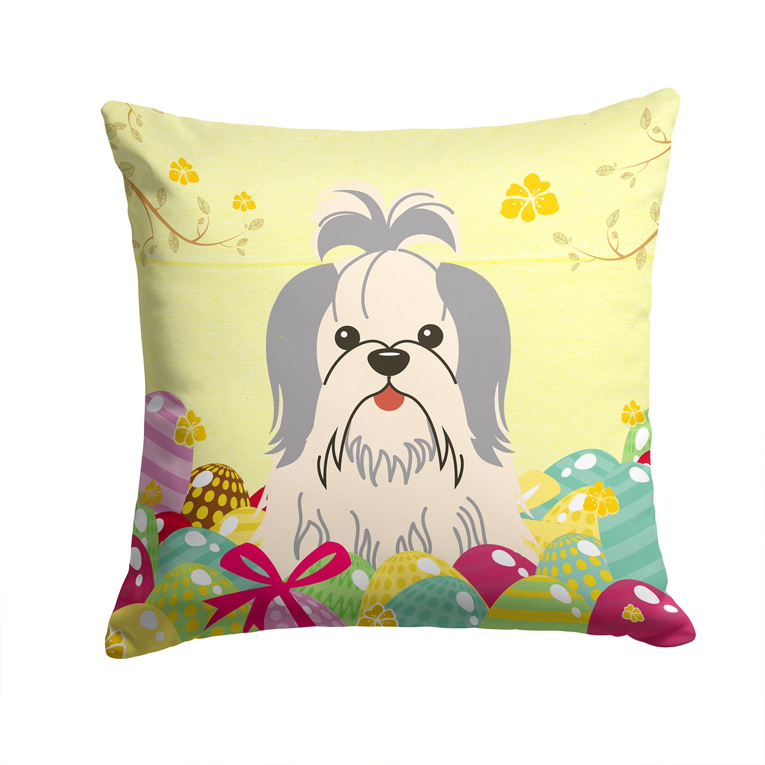 Easter Eggs Shih Tzu Silver White Fabric Decorative Pillow BB6085PW1414 - the-store.com