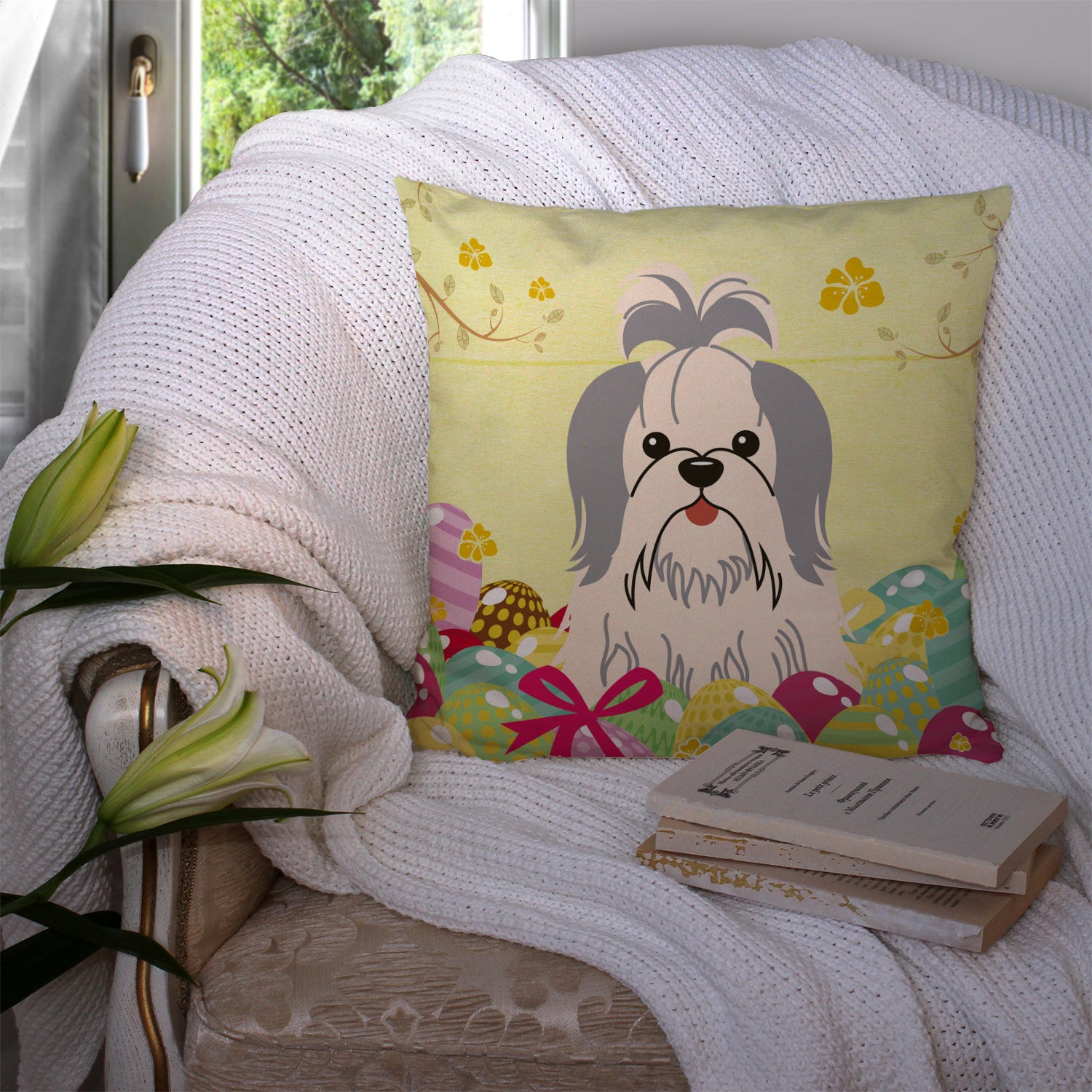 Easter Eggs Shih Tzu Silver White Fabric Decorative Pillow BB6085PW1414 - the-store.com