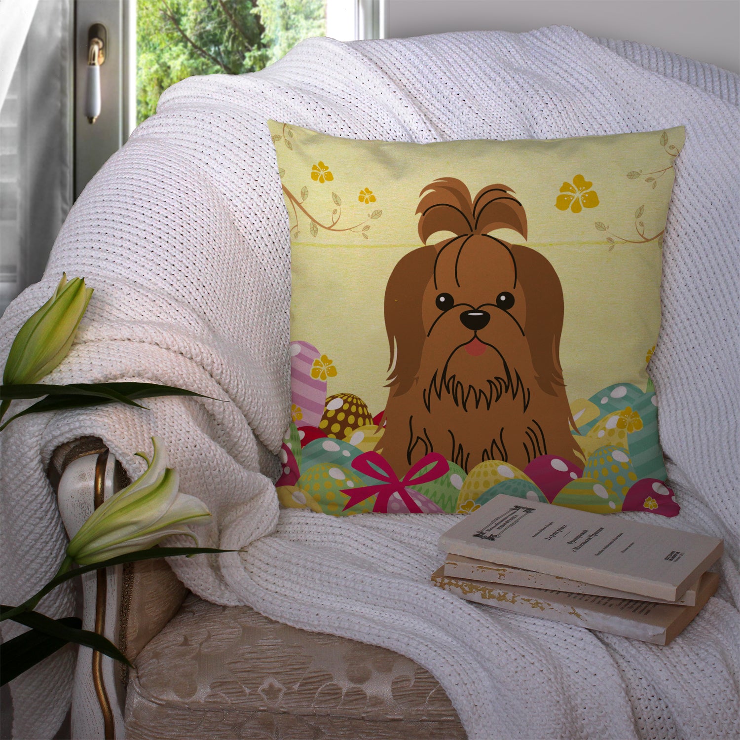 Easter Eggs Shih Tzu Silver Chocolate Fabric Decorative Pillow BB6086PW1414 - the-store.com