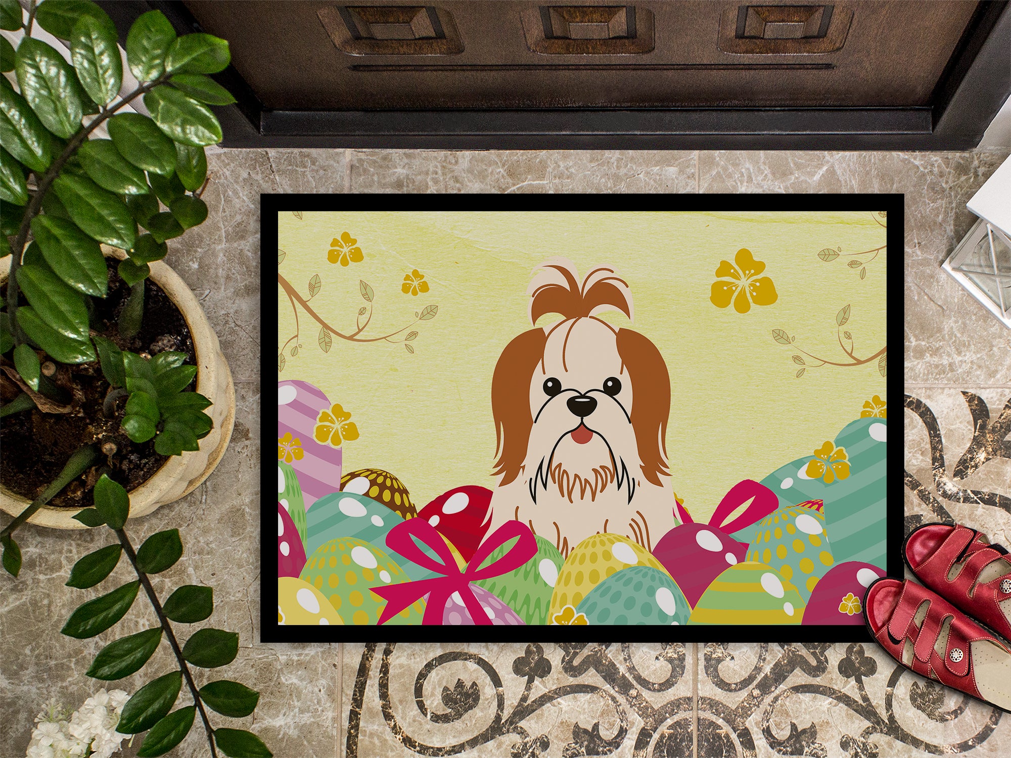 Easter Eggs Shih Tzu Red White Indoor or Outdoor Mat 18x27 BB6087MAT - the-store.com