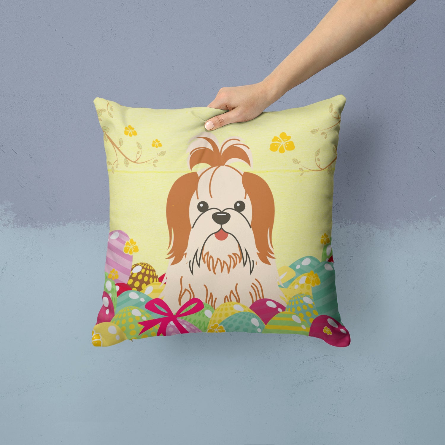 Easter Eggs Shih Tzu Red White Fabric Decorative Pillow BB6087PW1414 - the-store.com