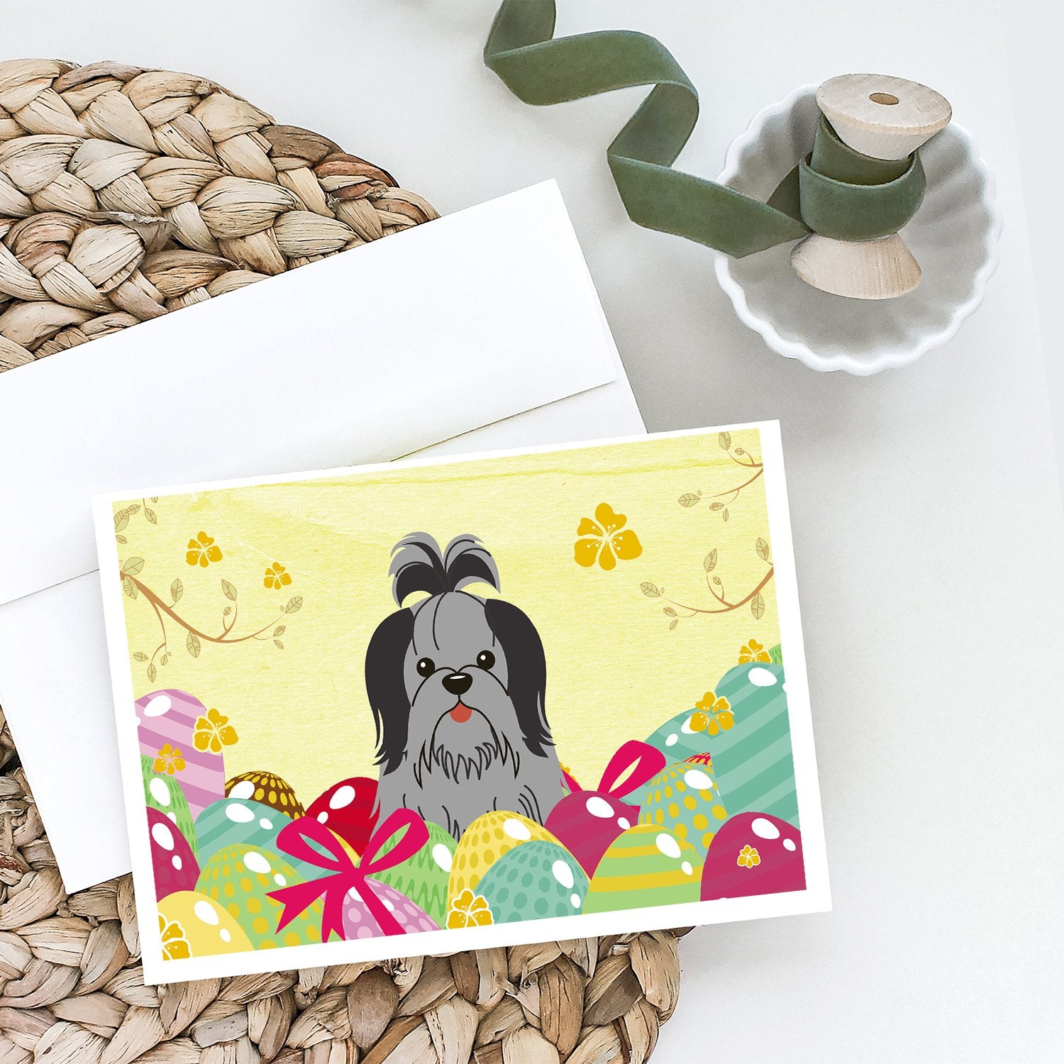 Easter Eggs Shih Tzu Black Silver Greeting Cards and Envelopes Pack of 8 - the-store.com