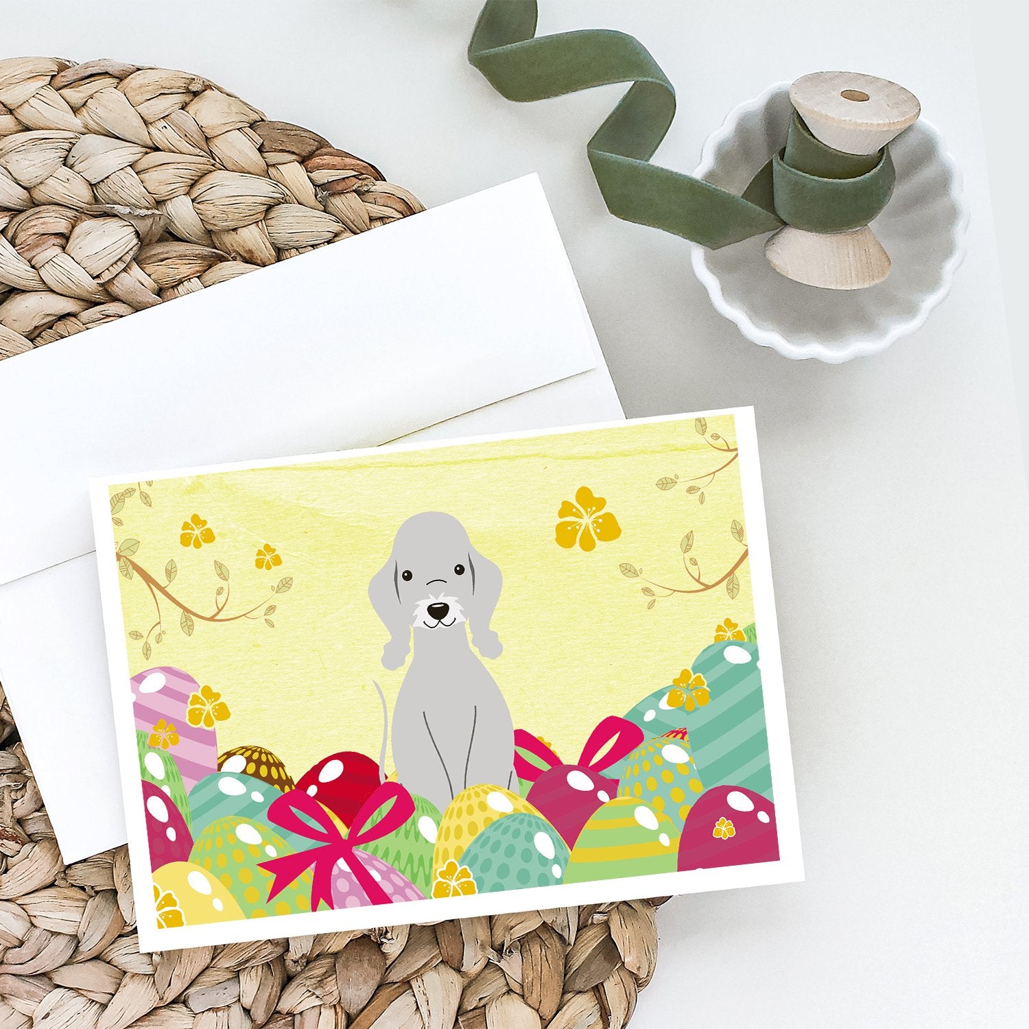 Easter Eggs Bedlington Terrier Blue Greeting Cards and Envelopes Pack of 8 - the-store.com