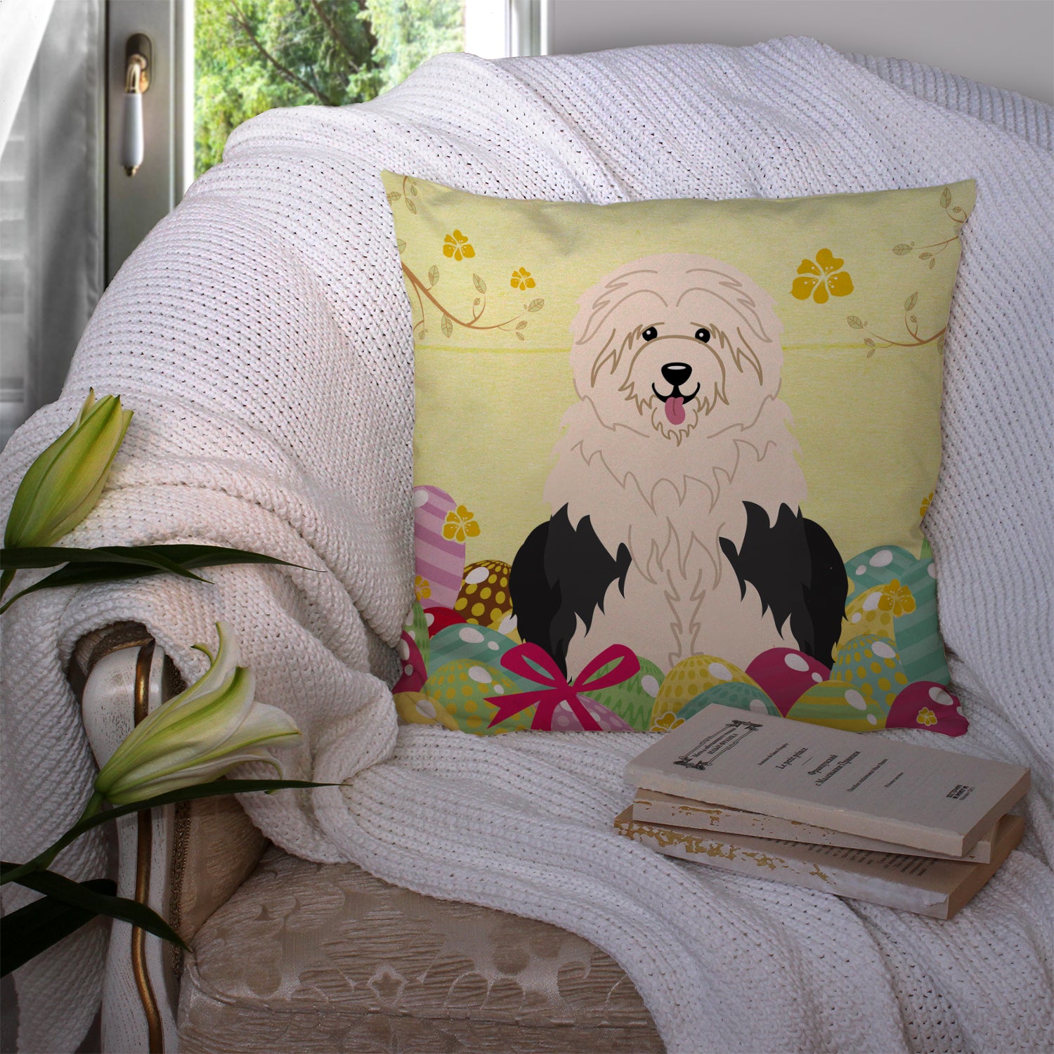 Easter Eggs Old English Sheepdog Fabric Decorative Pillow BB6096PW1414 - the-store.com