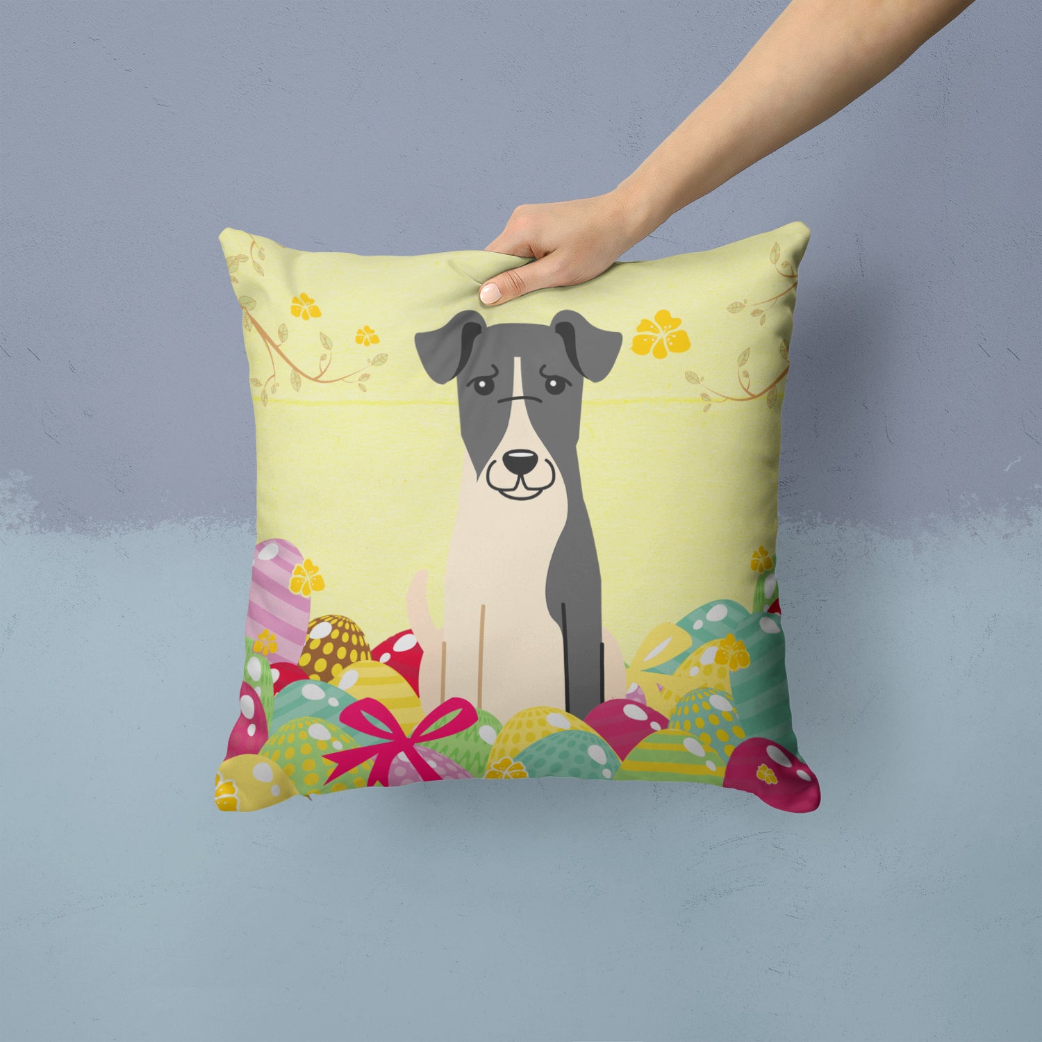 Easter Eggs Smooth Fox Terrier Fabric Decorative Pillow BB6098PW1414 - the-store.com