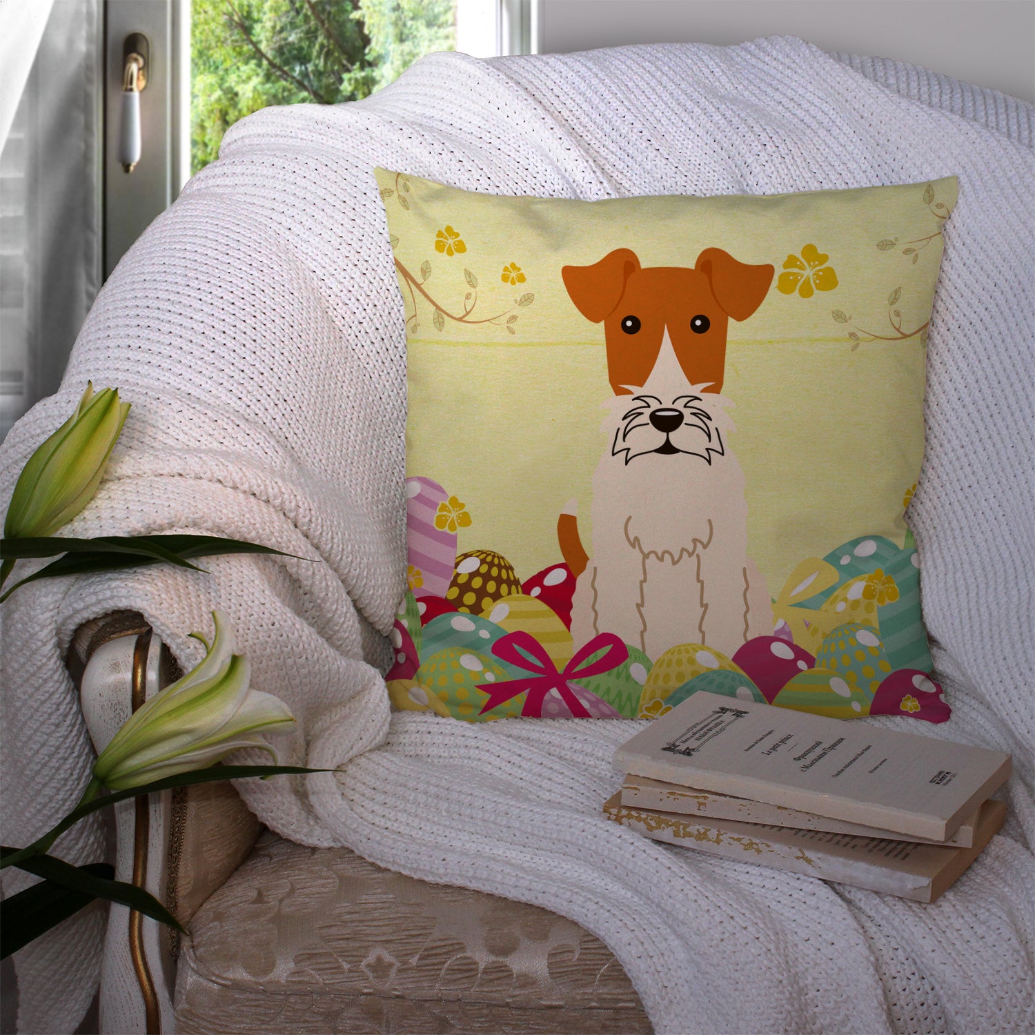 Easter Eggs Wire Fox Terrier Fabric Decorative Pillow BB6101PW1414 - the-store.com