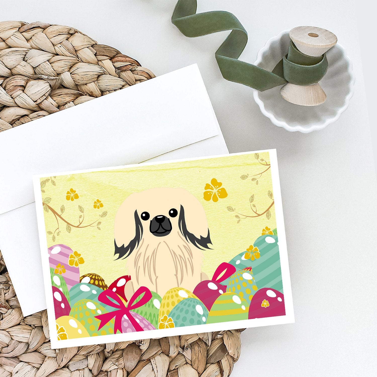 Easter Eggs Pekingese Cream Greeting Cards and Envelopes Pack of 8 - the-store.com
