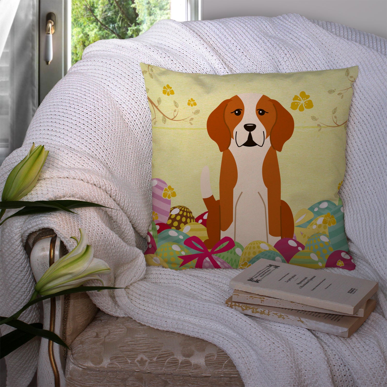 Easter Eggs English Foxhound Fabric Decorative Pillow BB6110PW1414 - the-store.com