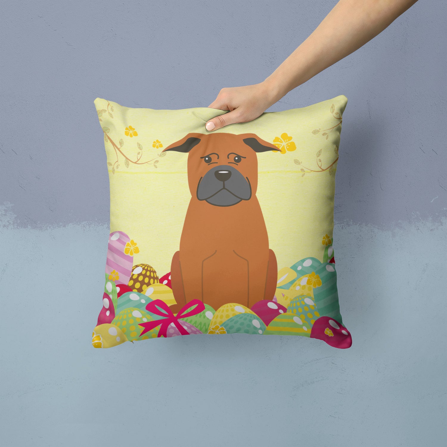 Easter Eggs Chinese Chongqing Dog Fabric Decorative Pillow BB6111PW1414 - the-store.com