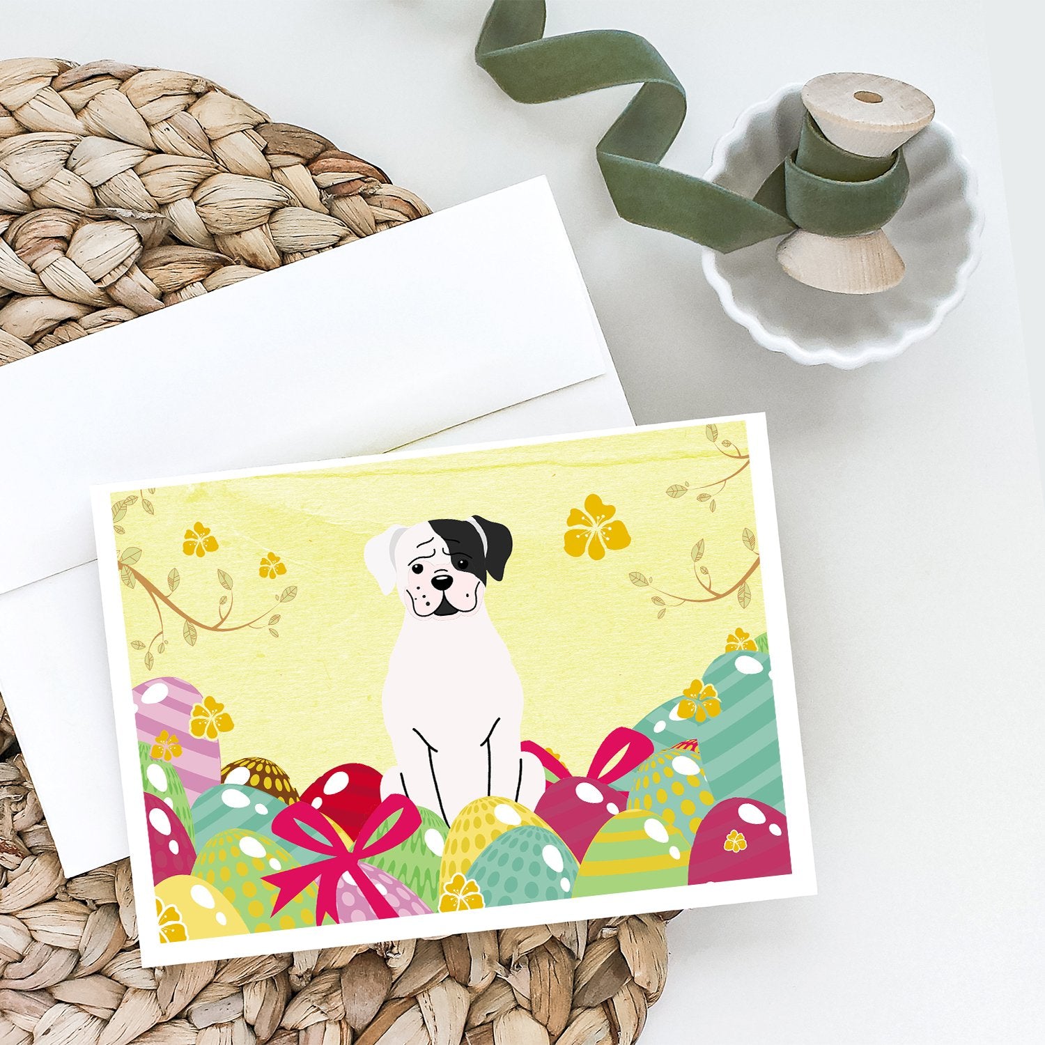 Easter Eggs White Boxer Cooper Greeting Cards and Envelopes Pack of 8 - the-store.com