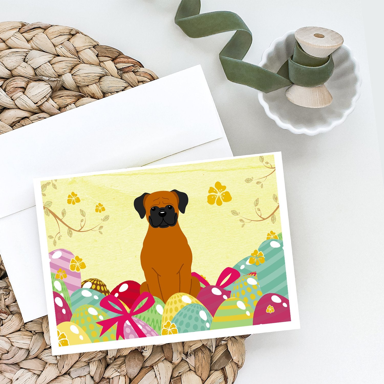 Buy this Easter Eggs Fawn Boxer Greeting Cards and Envelopes Pack of 8