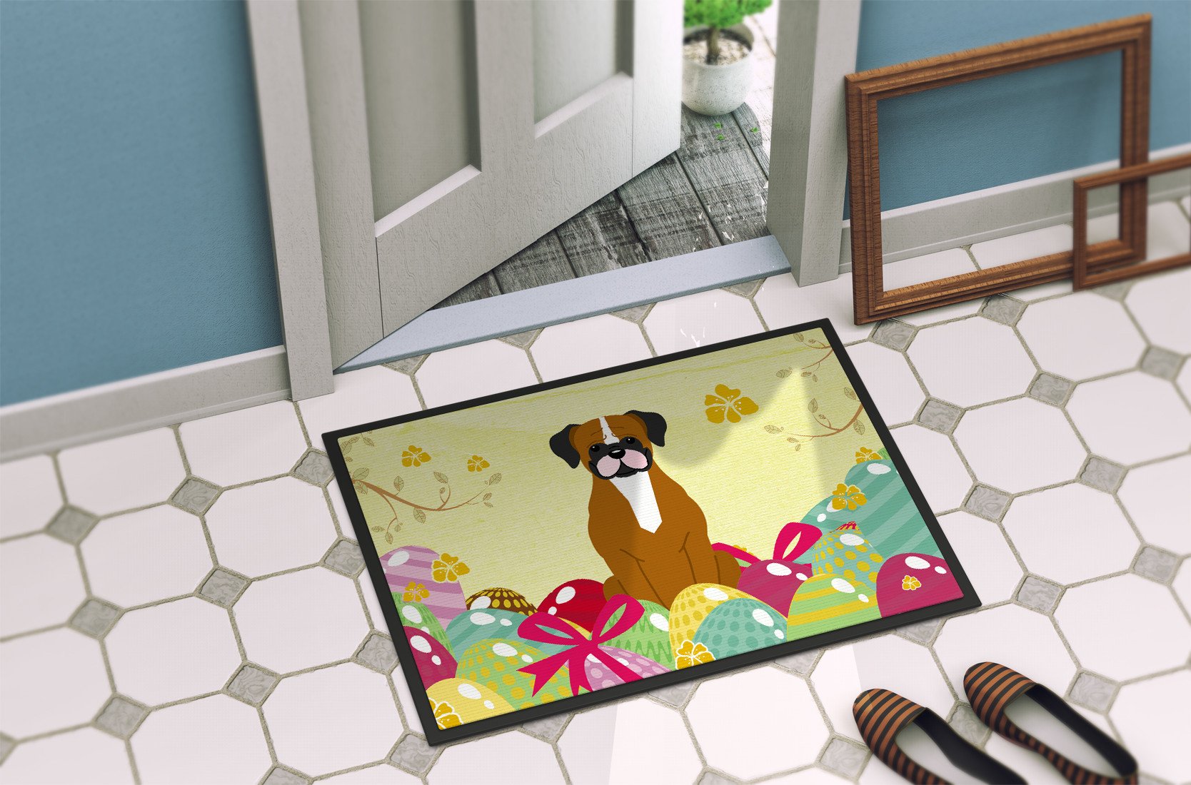Easter Eggs Flashy Fawn Boxer Indoor or Outdoor Mat 24x36 BB6116JMAT by Caroline's Treasures