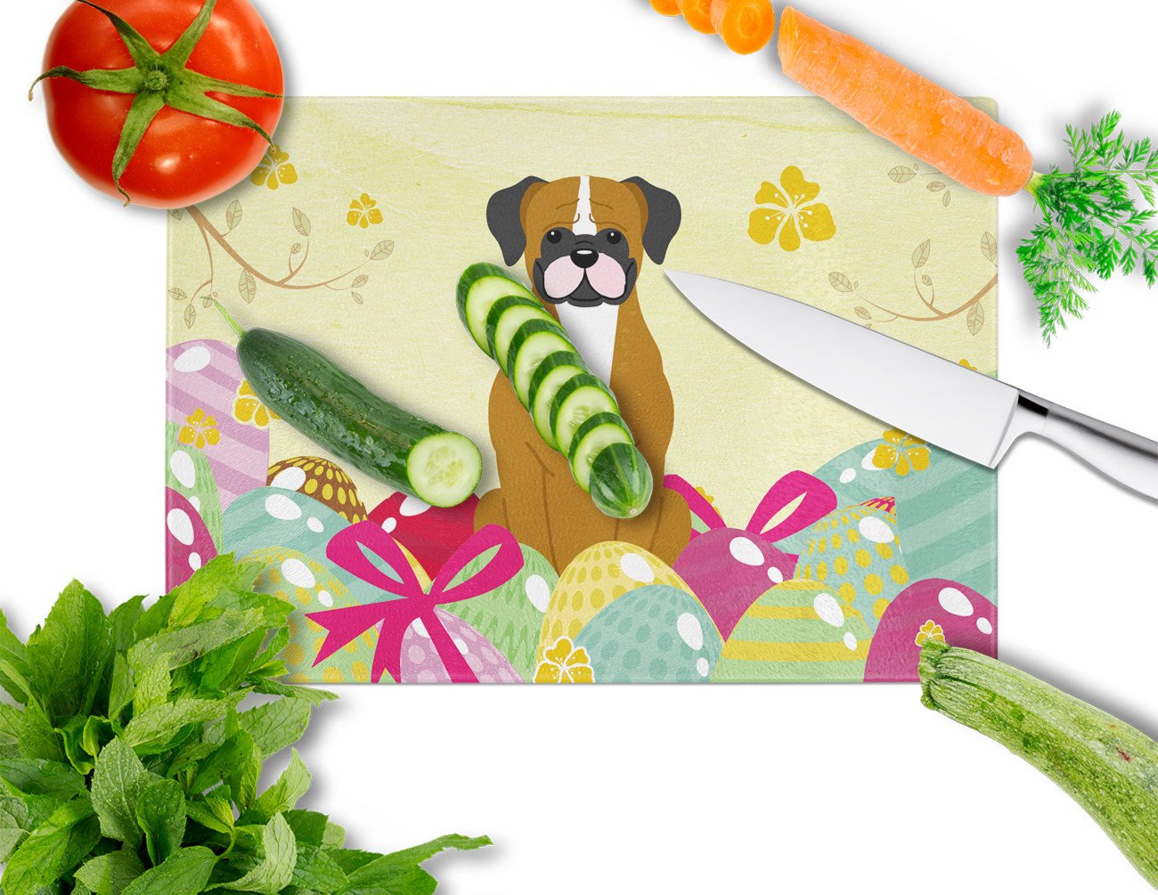 Easter Eggs Flashy Fawn Boxer Glass Cutting Board Large BB6116LCB by Caroline's Treasures