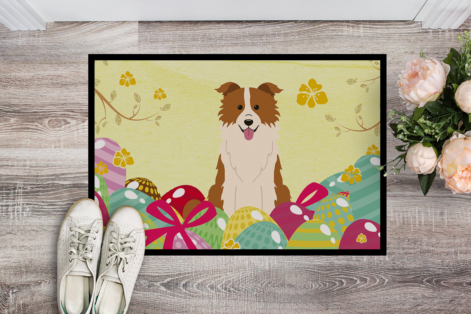 Easter Eggs Border Collie Red White Indoor or Outdoor Mat 18x27 BB6119MAT - the-store.com