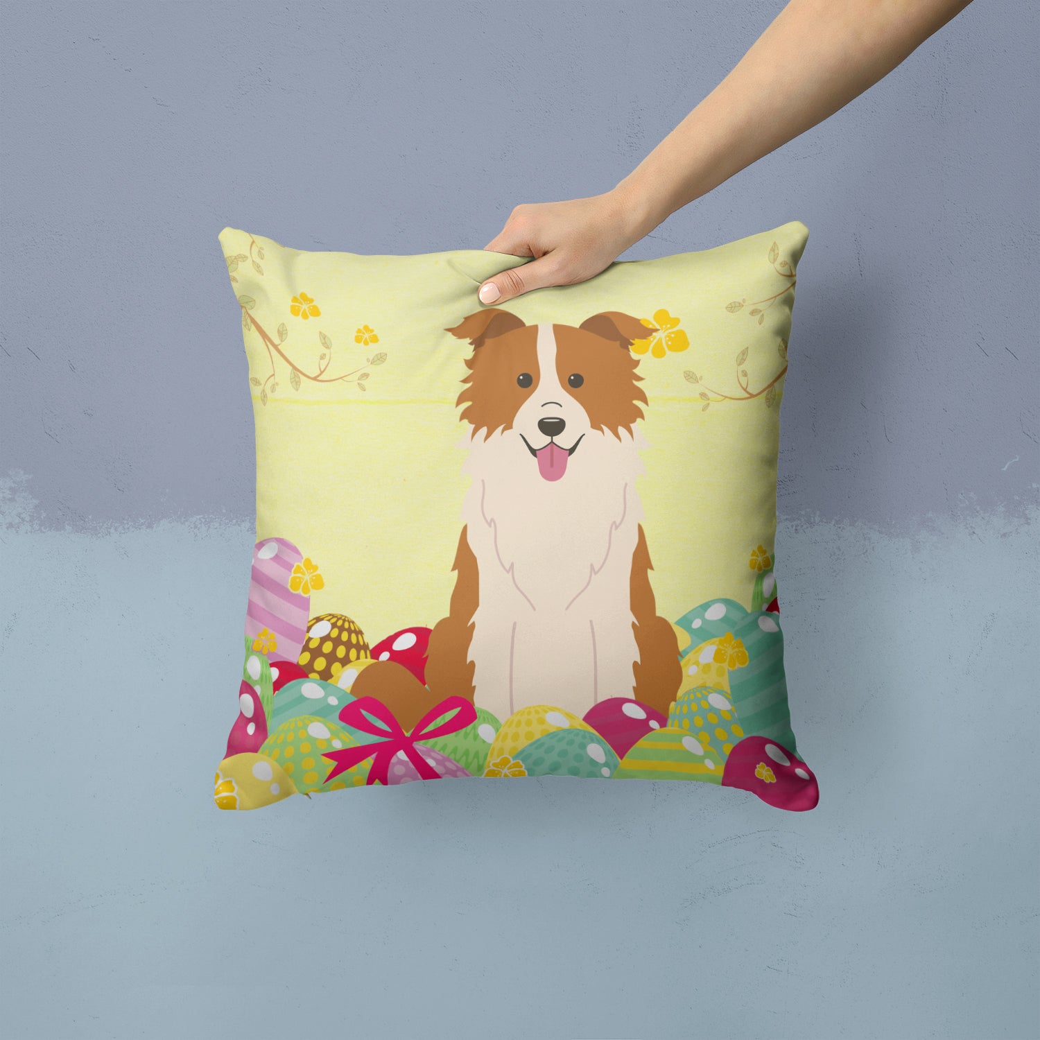 Easter Eggs Border Collie Red White Fabric Decorative Pillow BB6119PW1414 - the-store.com