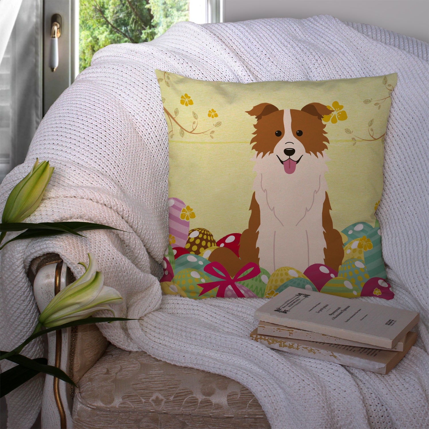 Easter Eggs Border Collie Red White Fabric Decorative Pillow BB6119PW1414 - the-store.com