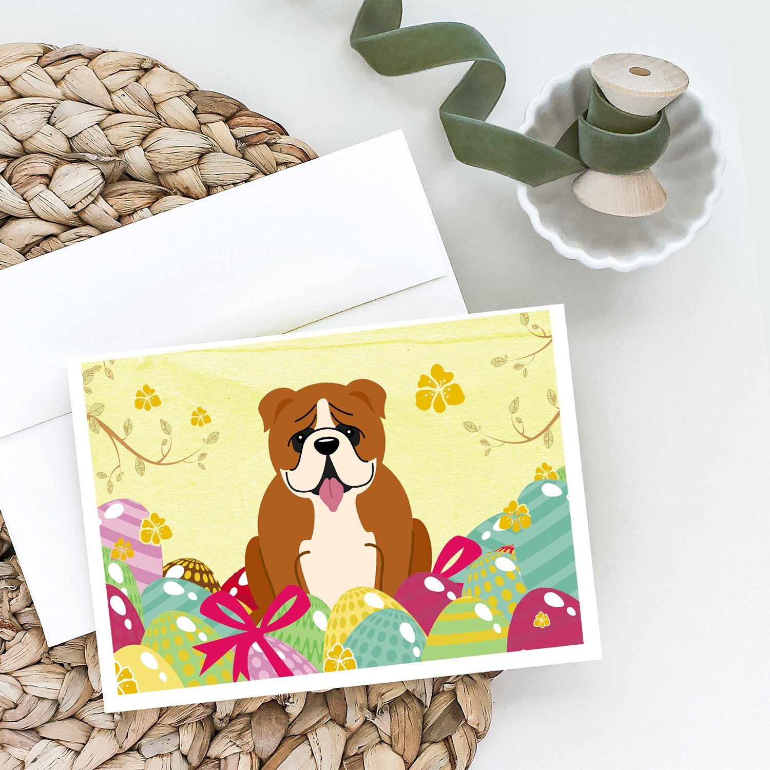 Easter Eggs English Bulldog Red White Greeting Cards and Envelopes Pack of 8 - the-store.com