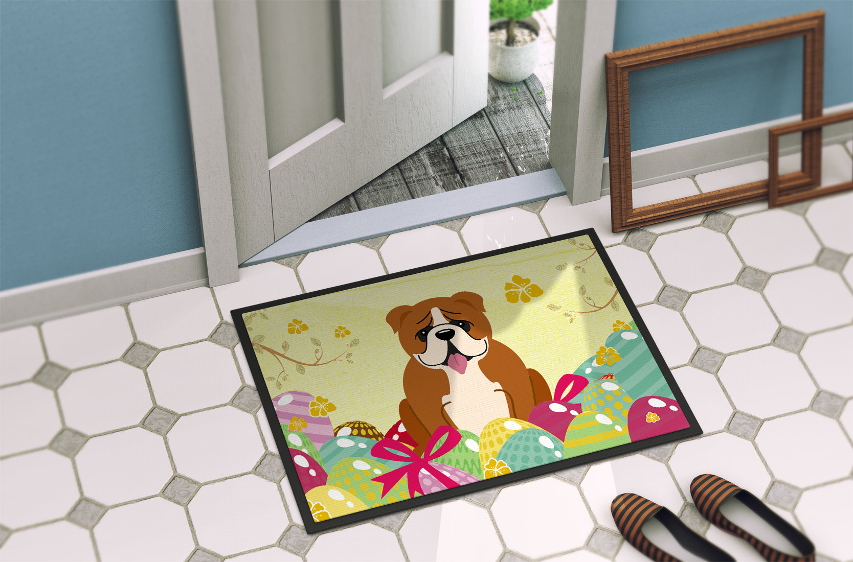 Easter Eggs English Bulldog Red White Indoor or Outdoor Mat 18x27 BB6120MAT - the-store.com