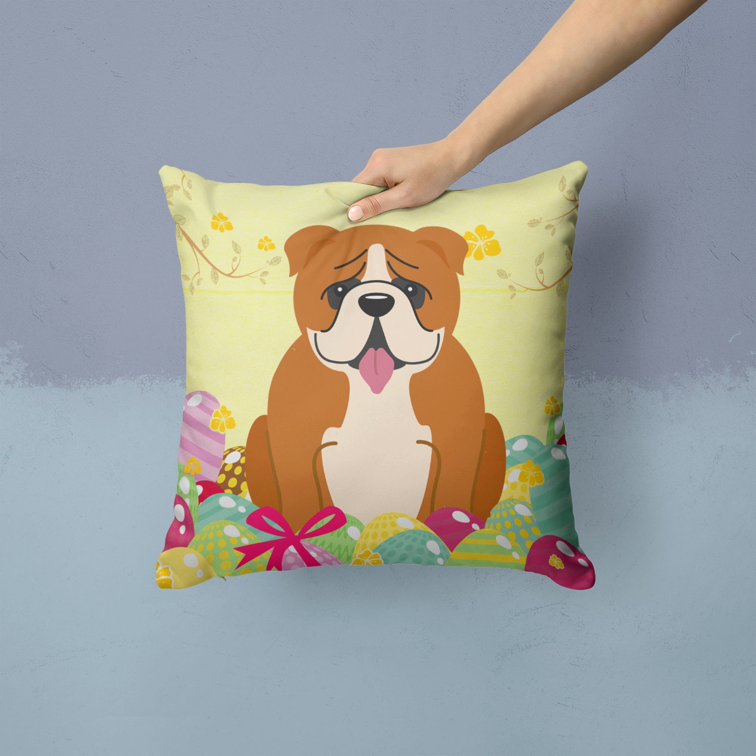 Easter Eggs English Bulldog Red White Fabric Decorative Pillow BB6120PW1414 - the-store.com