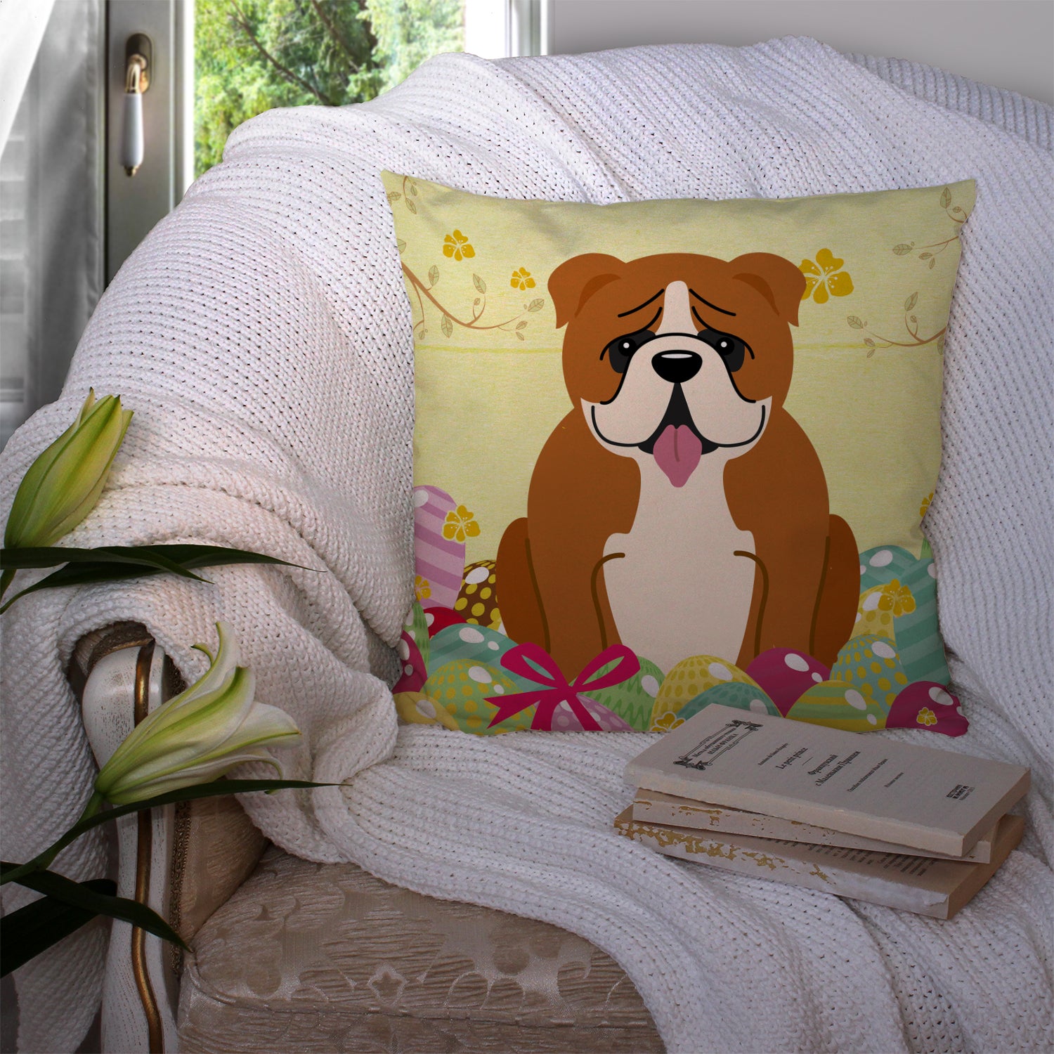 Easter Eggs English Bulldog Red White Fabric Decorative Pillow BB6120PW1414 - the-store.com