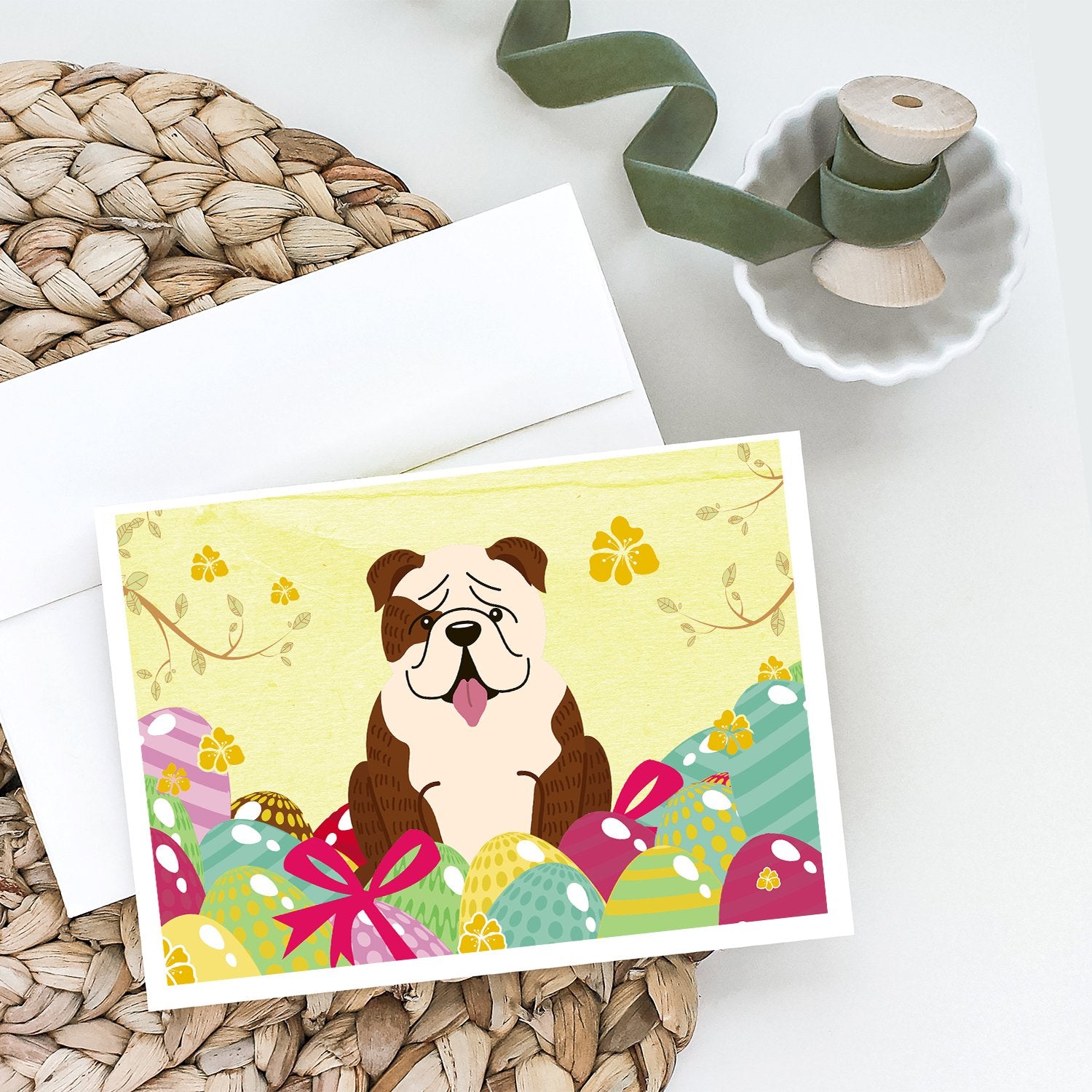 Easter Eggs English Bulldog Brindle White Greeting Cards and Envelopes Pack of 8 - the-store.com
