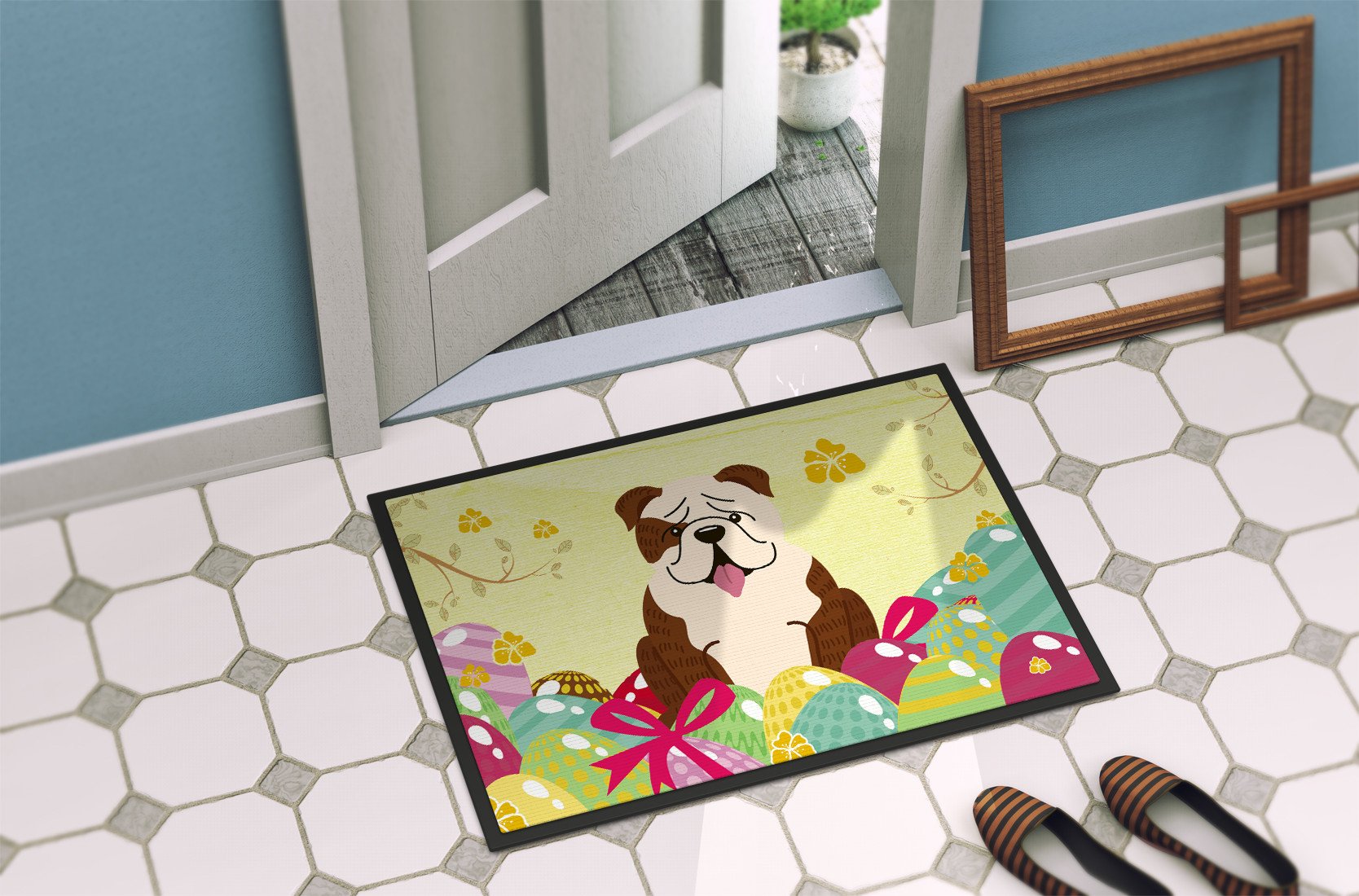 Easter Eggs English Bulldog Brindle White Indoor or Outdoor Mat 24x36 BB6121JMAT by Caroline's Treasures