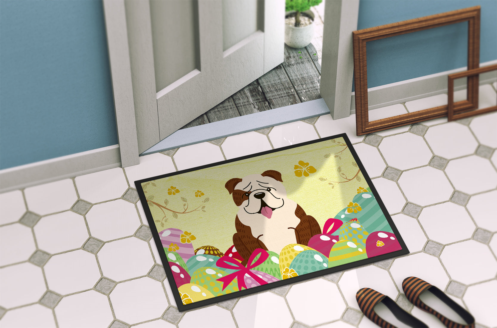 Easter Eggs English Bulldog Brindle White Indoor or Outdoor Mat 18x27 BB6121MAT - the-store.com