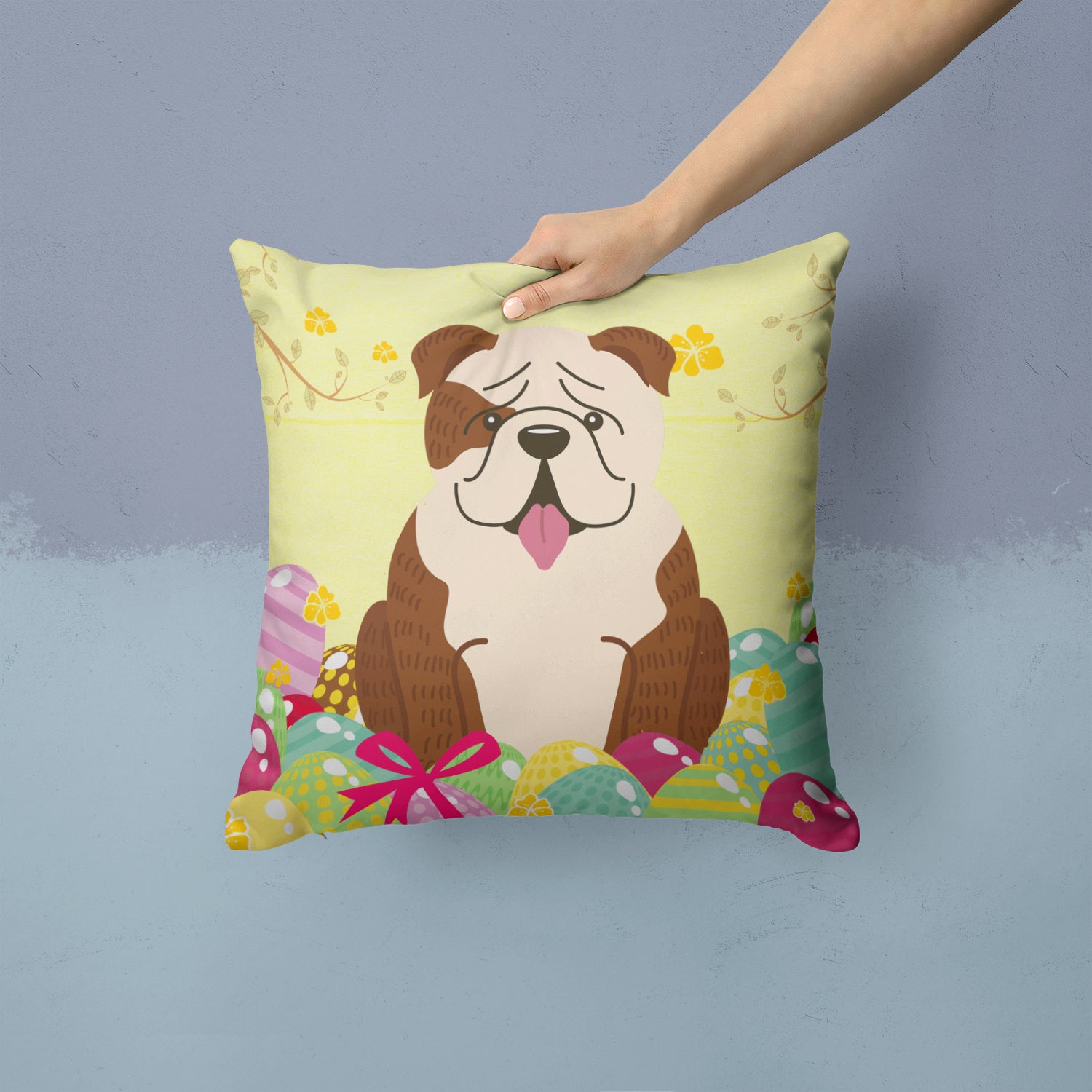 Easter Eggs English Bulldog Brindle White Fabric Decorative Pillow BB6121PW1414 - the-store.com