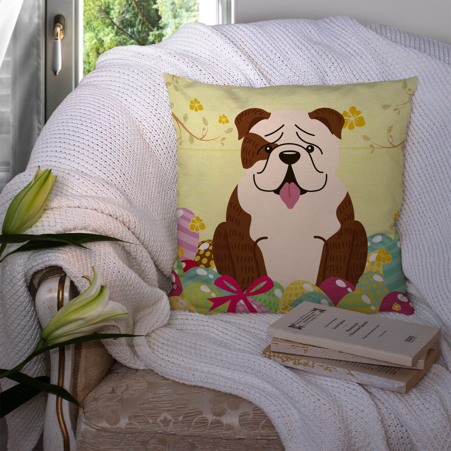 Easter Eggs English Bulldog Brindle White Fabric Decorative Pillow BB6121PW1414 - the-store.com
