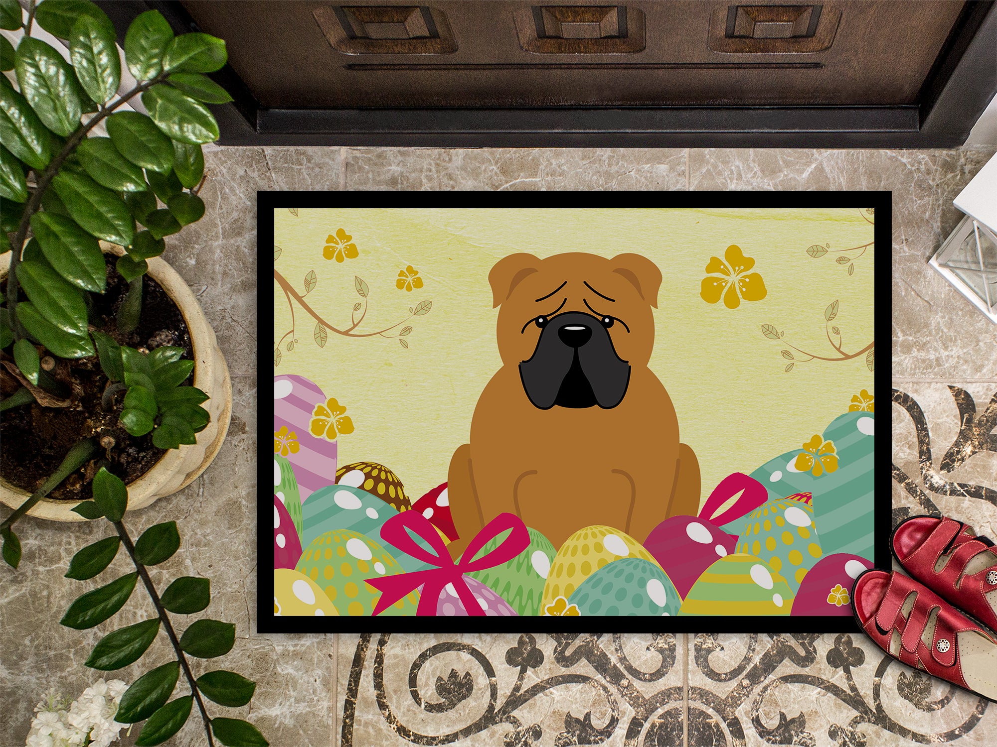 Easter Eggs English Bulldog Red Indoor or Outdoor Mat 18x27 BB6122MAT - the-store.com