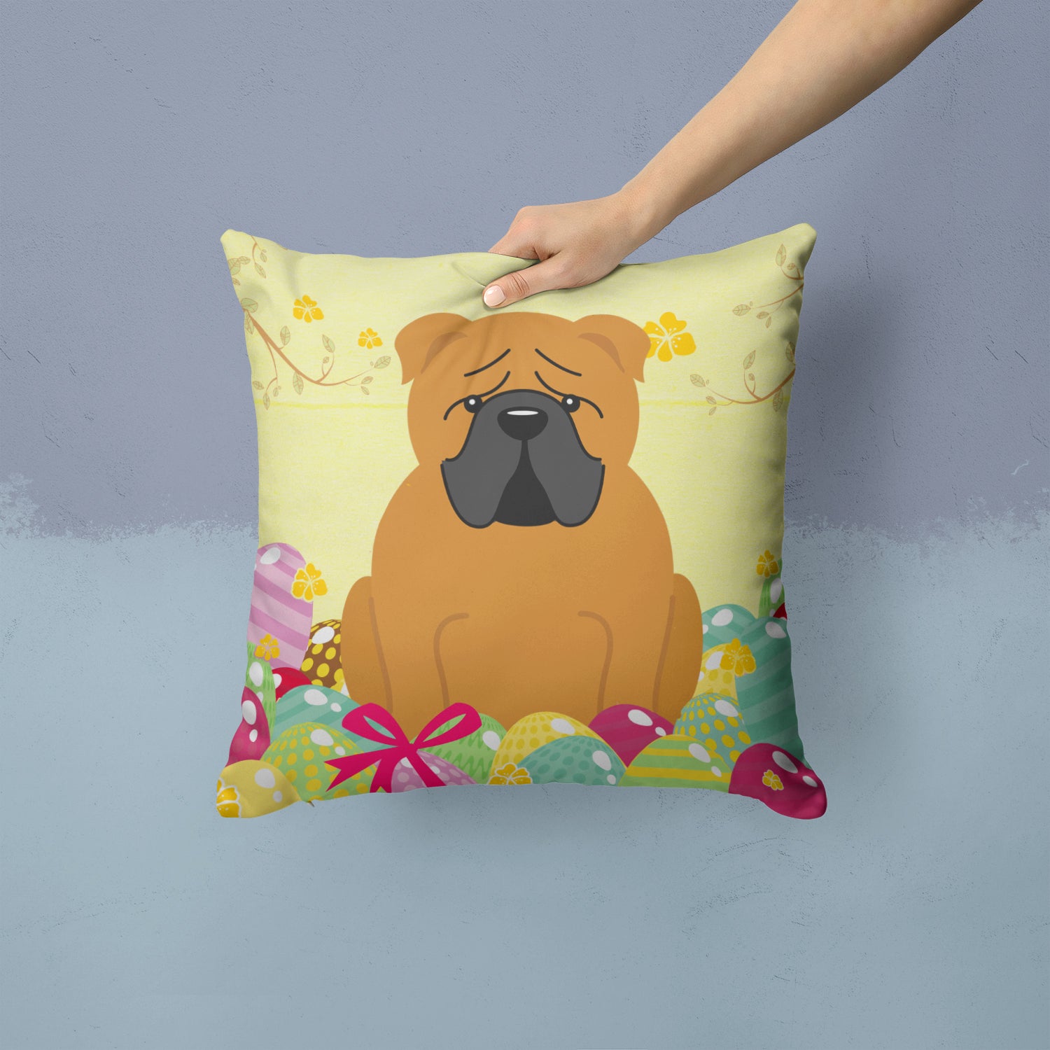 Easter Eggs English Bulldog Red Fabric Decorative Pillow BB6122PW1414 - the-store.com
