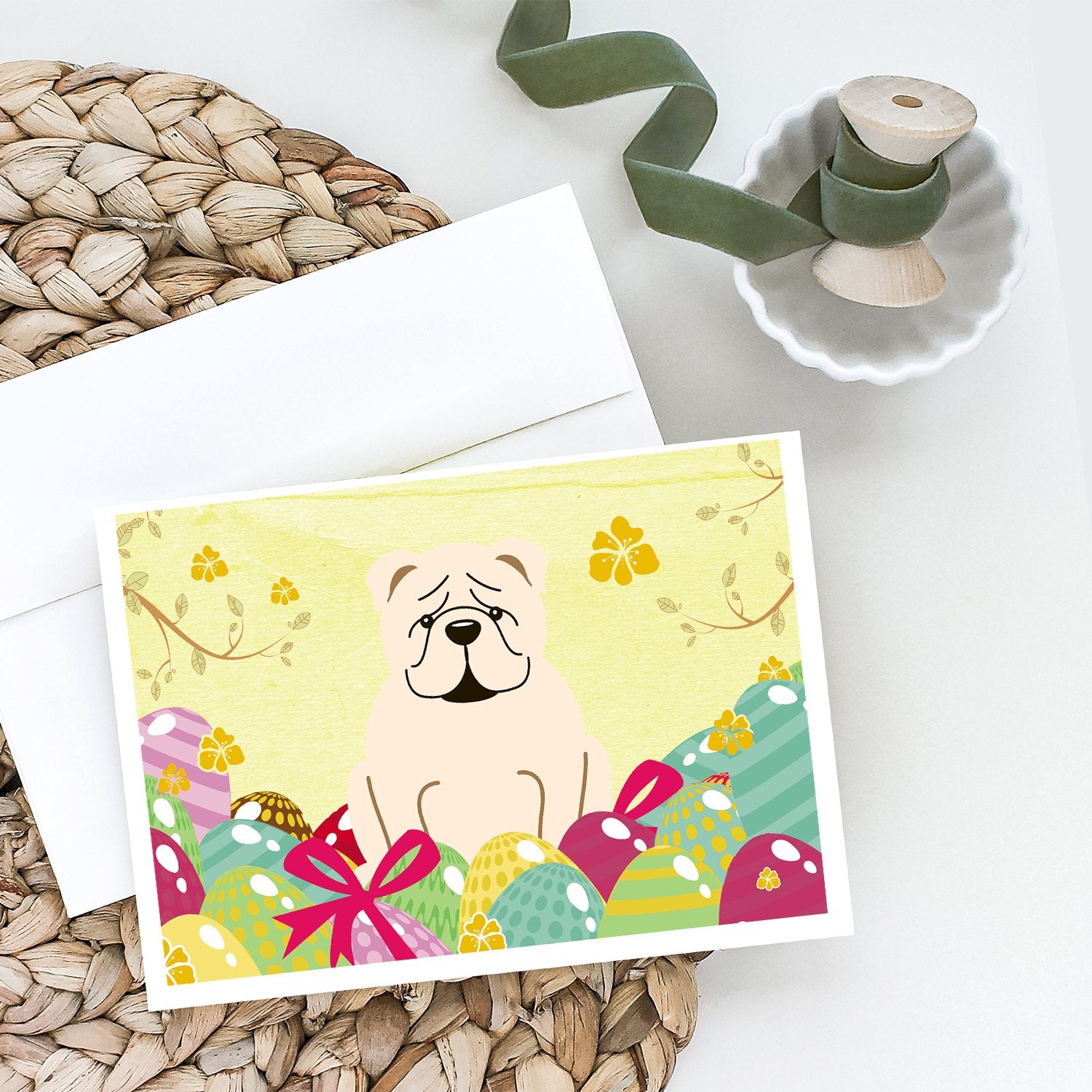 Easter Eggs English Bulldog White Greeting Cards and Envelopes Pack of 8 - the-store.com